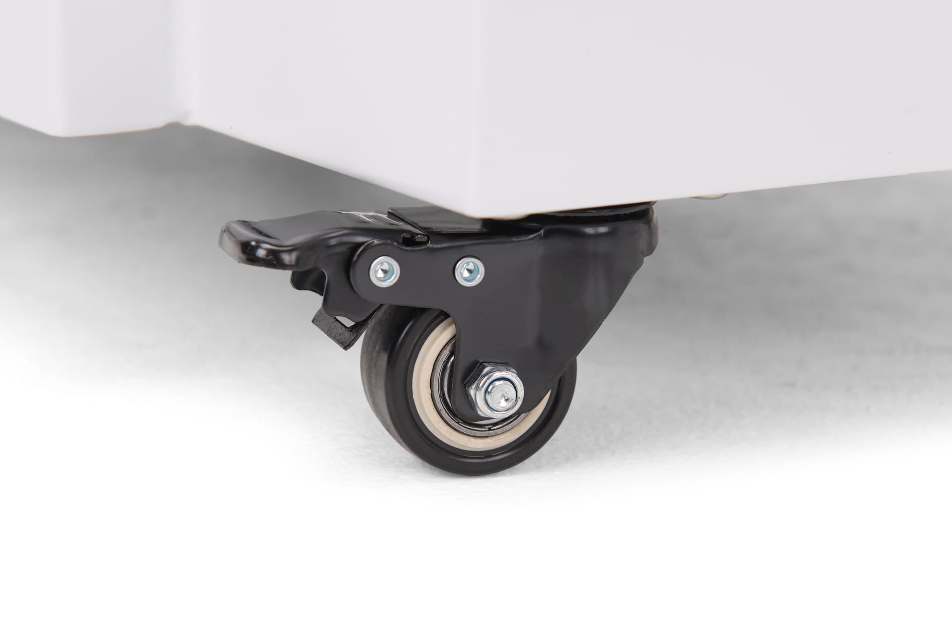 Product display shelves with locking and rolling caster wheels 