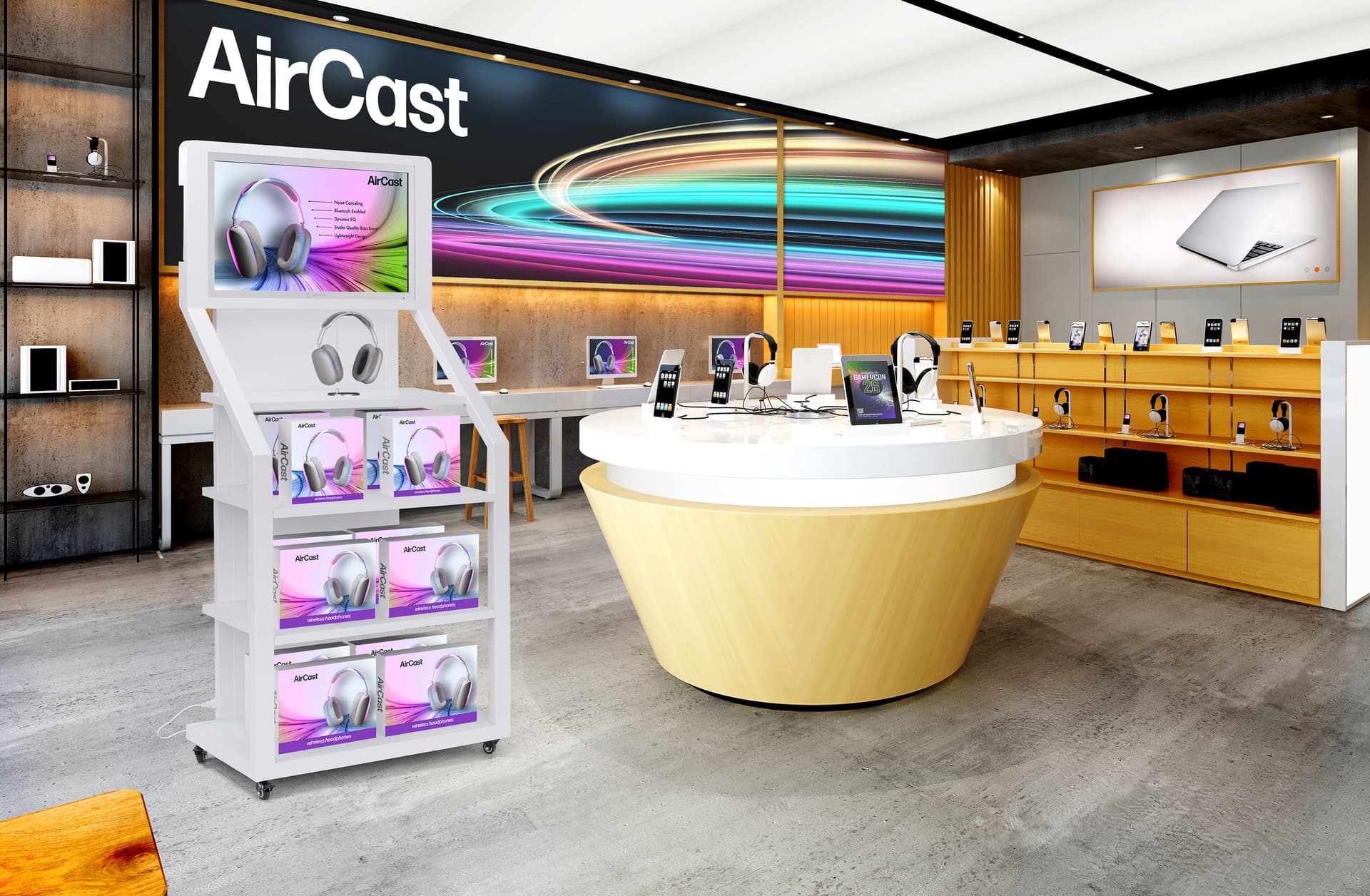 Product display shelves being utilized in a tech store showcasing a product highlight video on the screen
