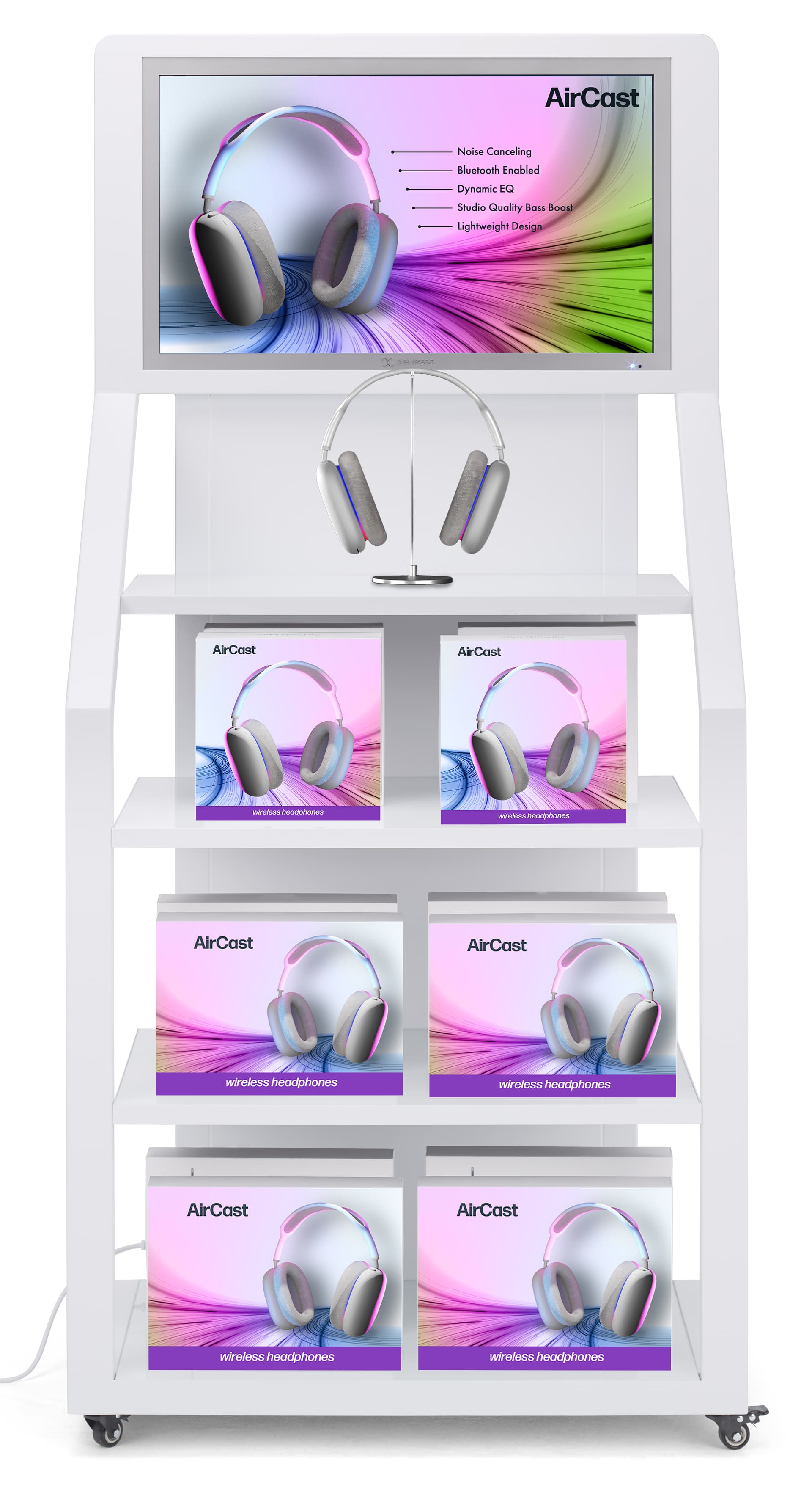 Product display shelves with headphones being displayed and a demo of the headphones being showcased on the screen
