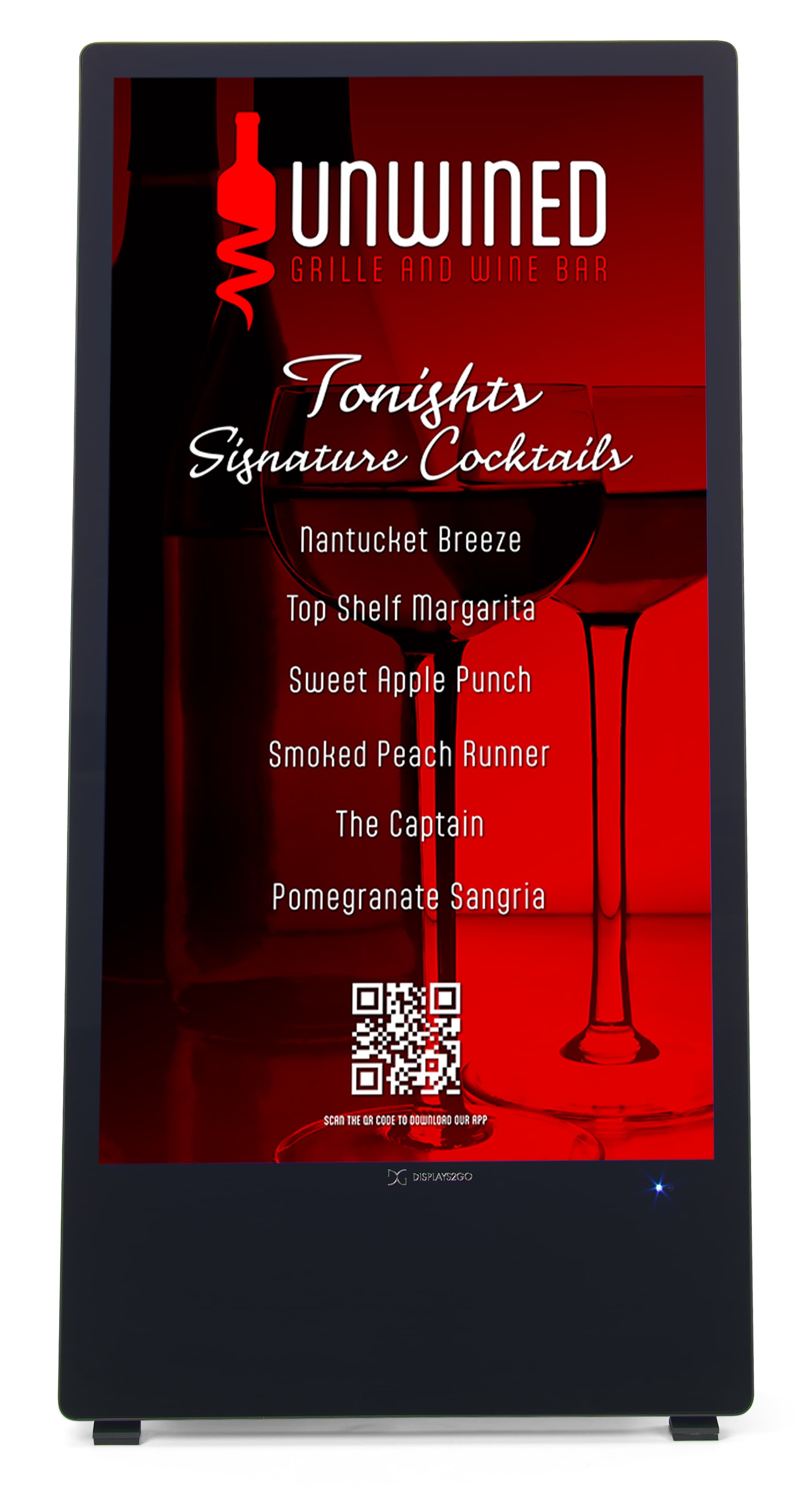 Indoor Mobile Digital Signage A-Frame showcasing an image of a drink menu for a winery