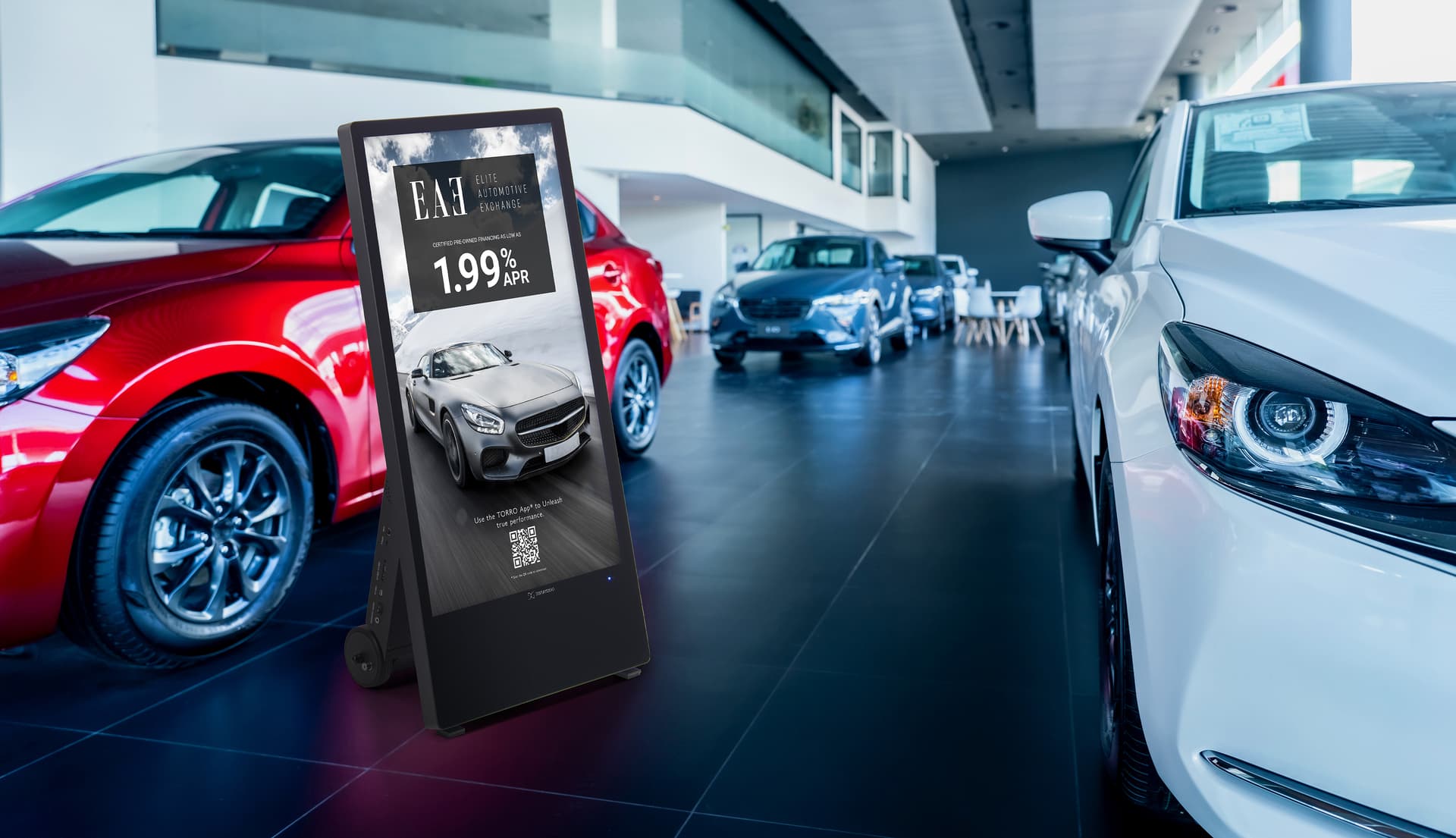 Indoor Mobile Digital Signage A-Frame being utilized in a car dealership