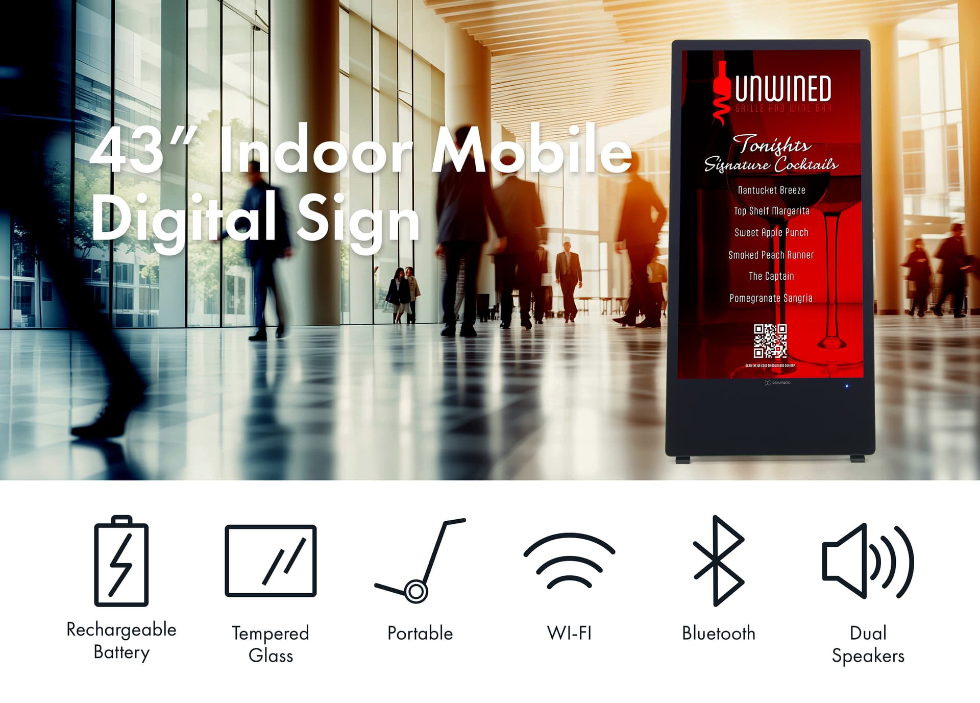Indoor Mobile Digital Signage A-Frame with rechargeable battery, wifi, bluetooth, dual speakers, portable design 
