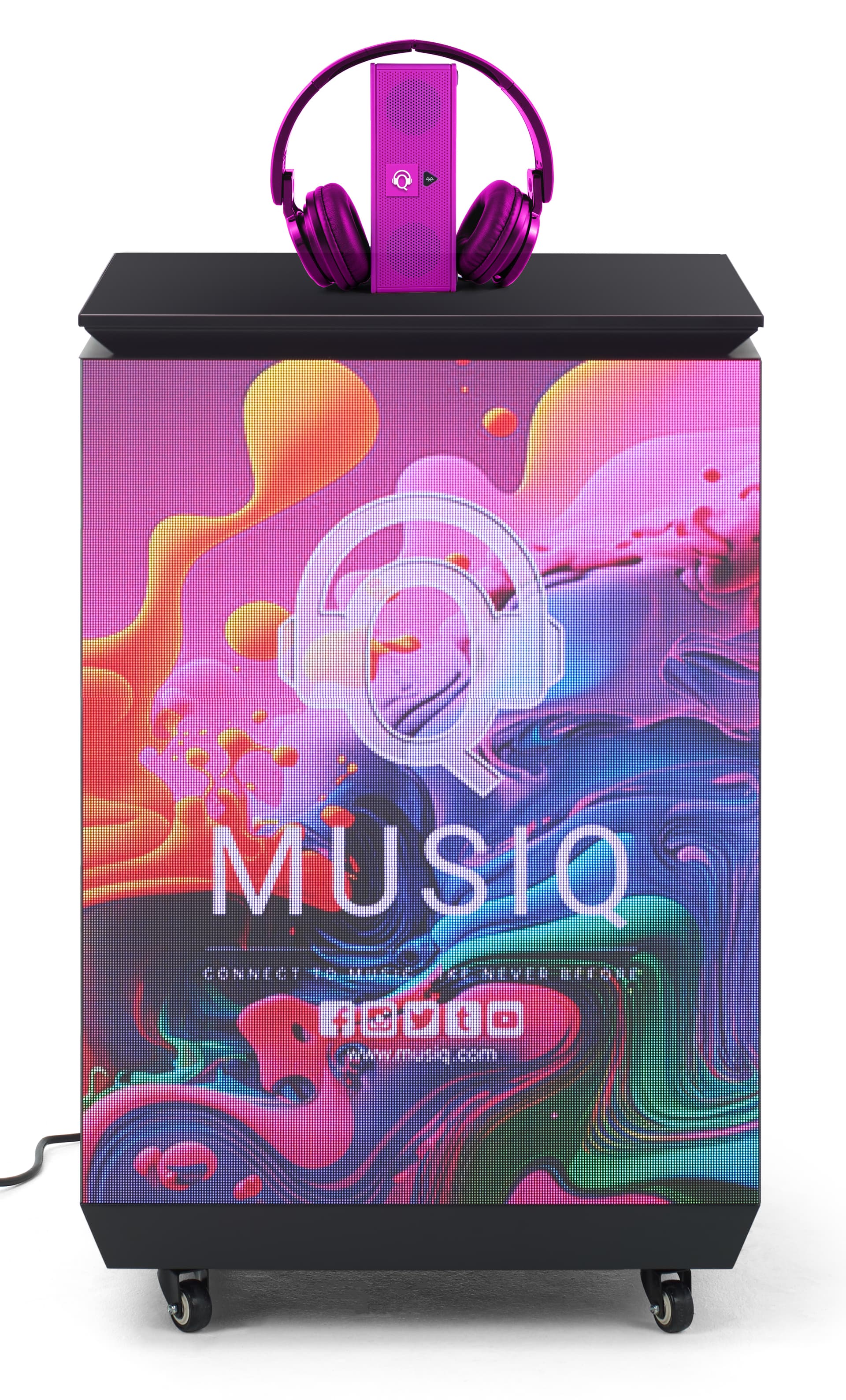 Three-sided digital signage totem showcasing a music tech brand with headphones being displayed on the countertop