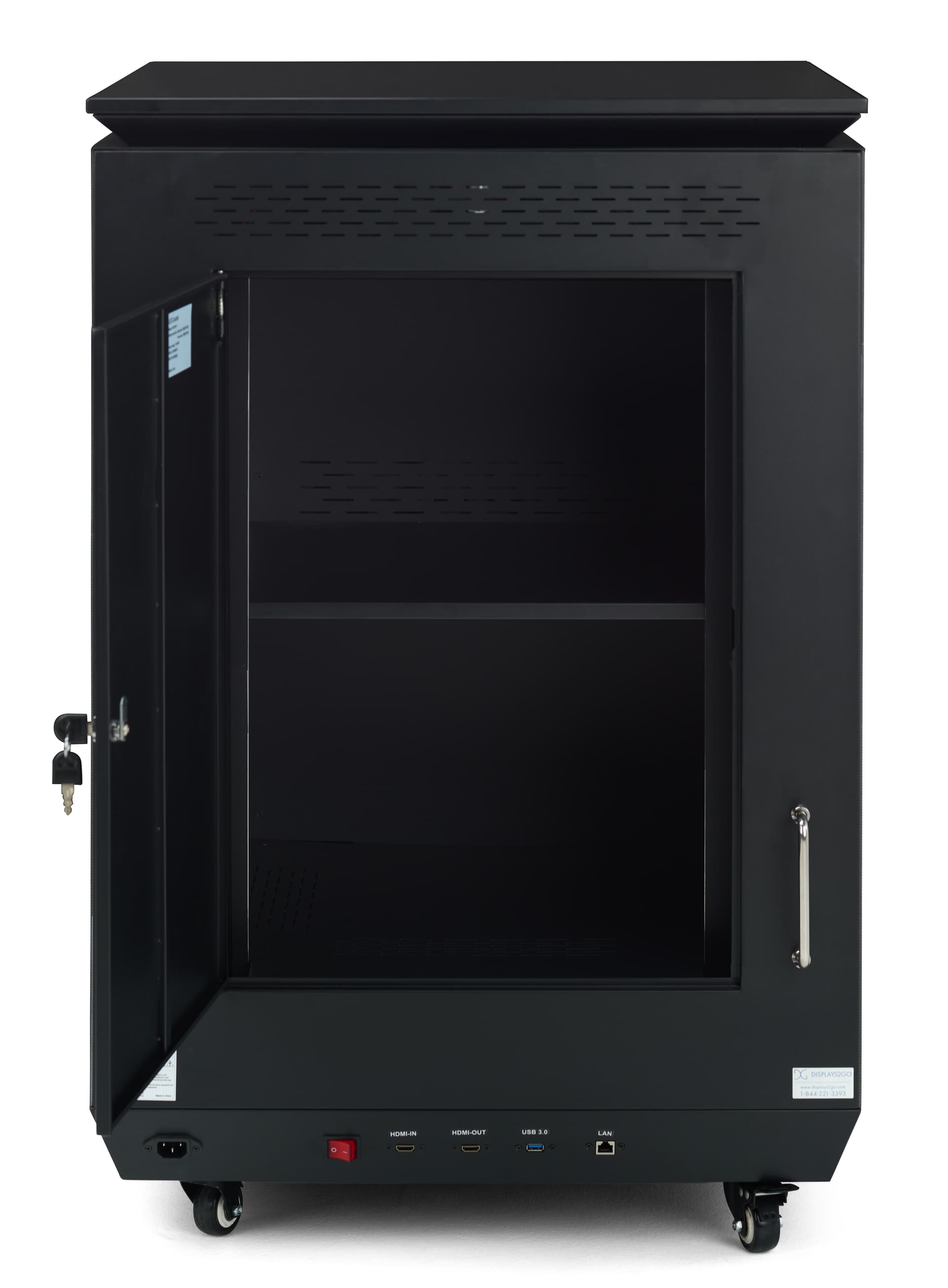 Three-sided digital signage totem with locking storage locker with shelf patrician for better organization