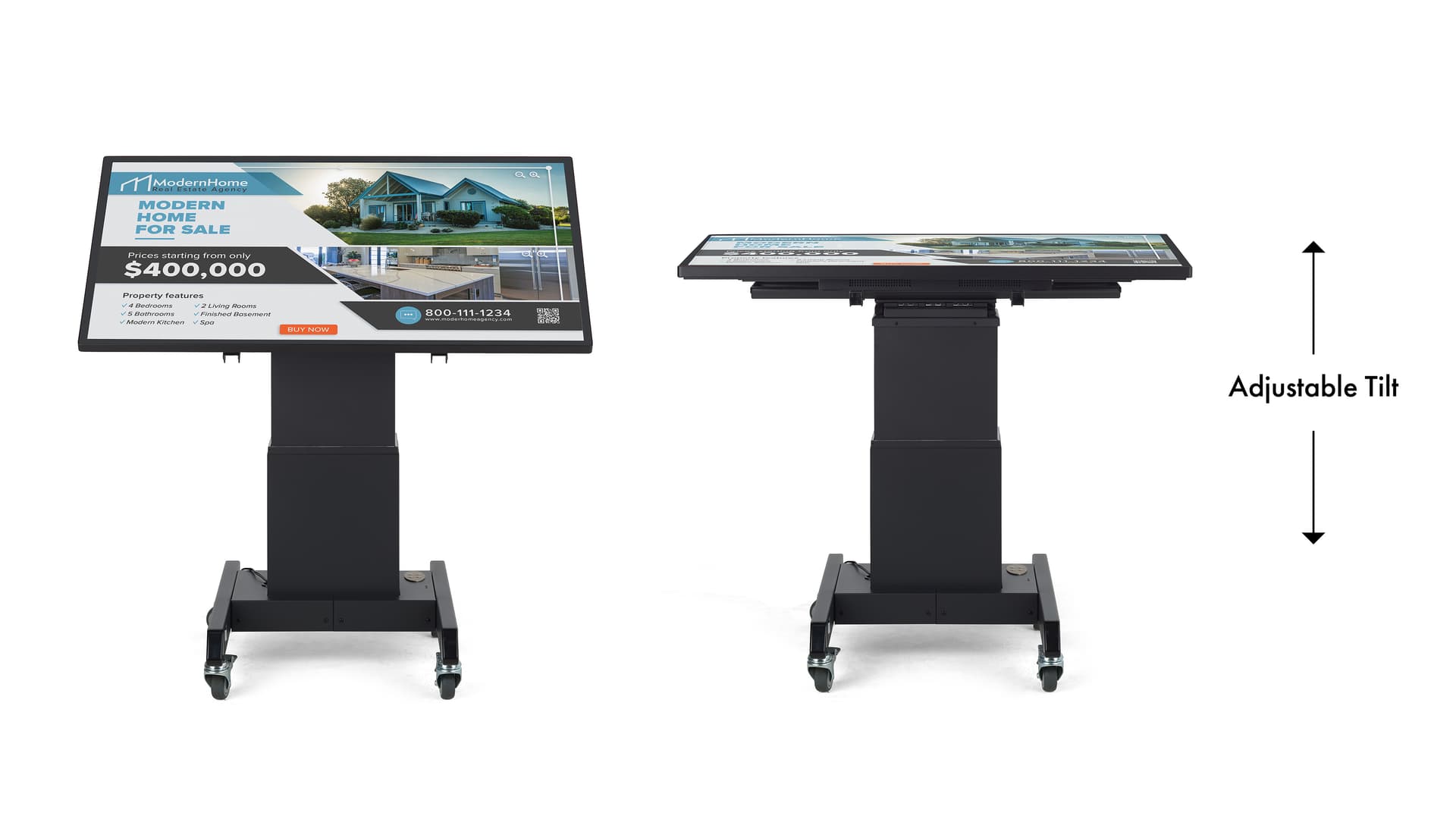 Touch screen digital signage with motorized lift and tilting options