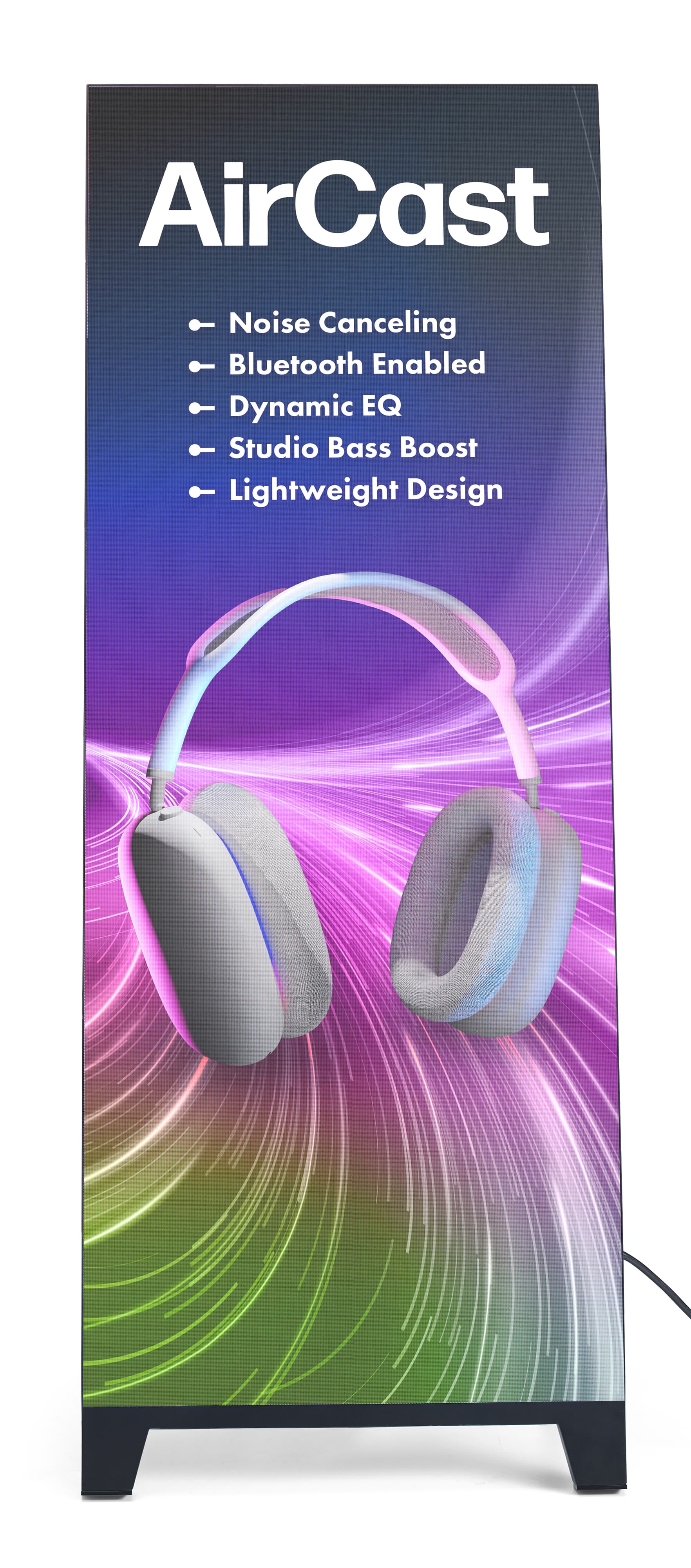 LED a-frame displaying an product highlight video of a set of wireless headphones