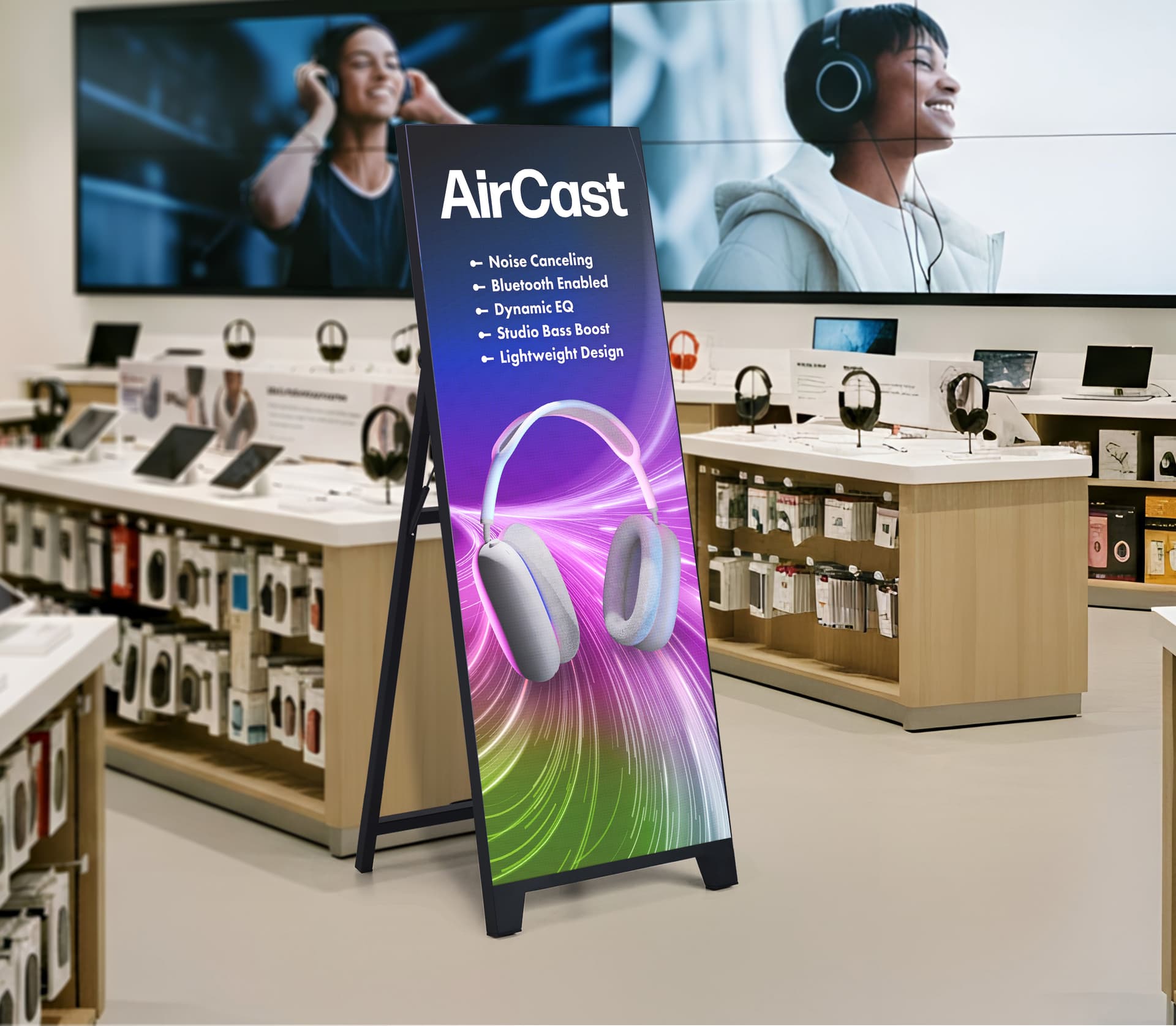 LED a-frame showcasing the digital poster in a tech store displaying an ad for wireless headphones