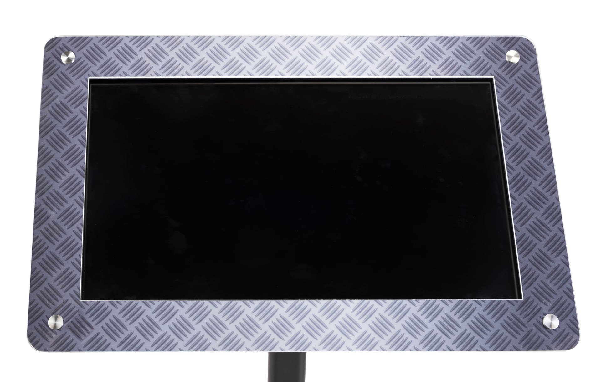 Digital poster pedestal stand includes printed diamond plate frame