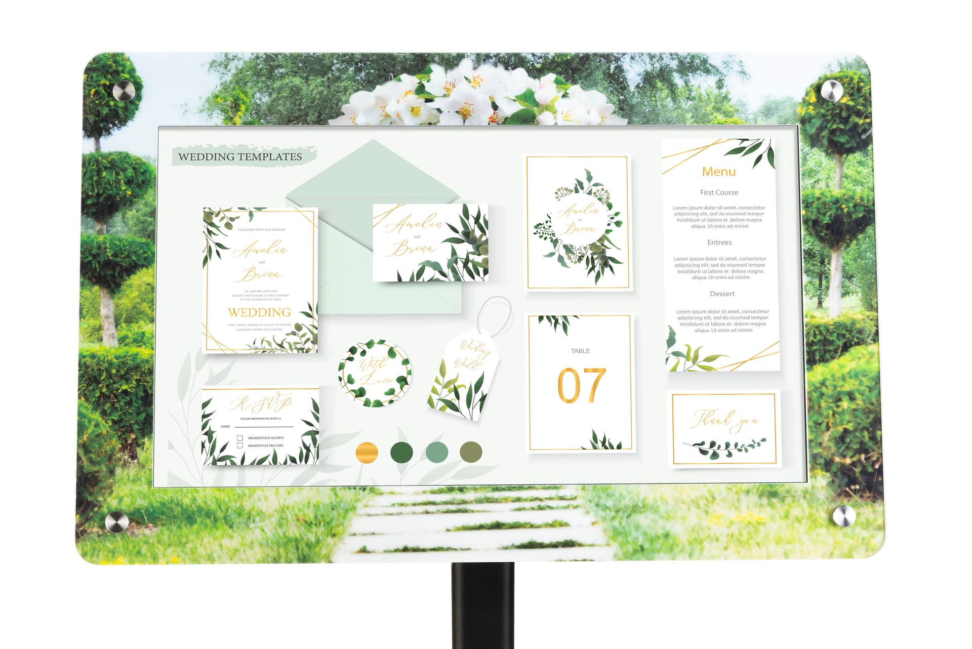 Custom frame for DPF215 digital sign stands has protective acrylic sheild