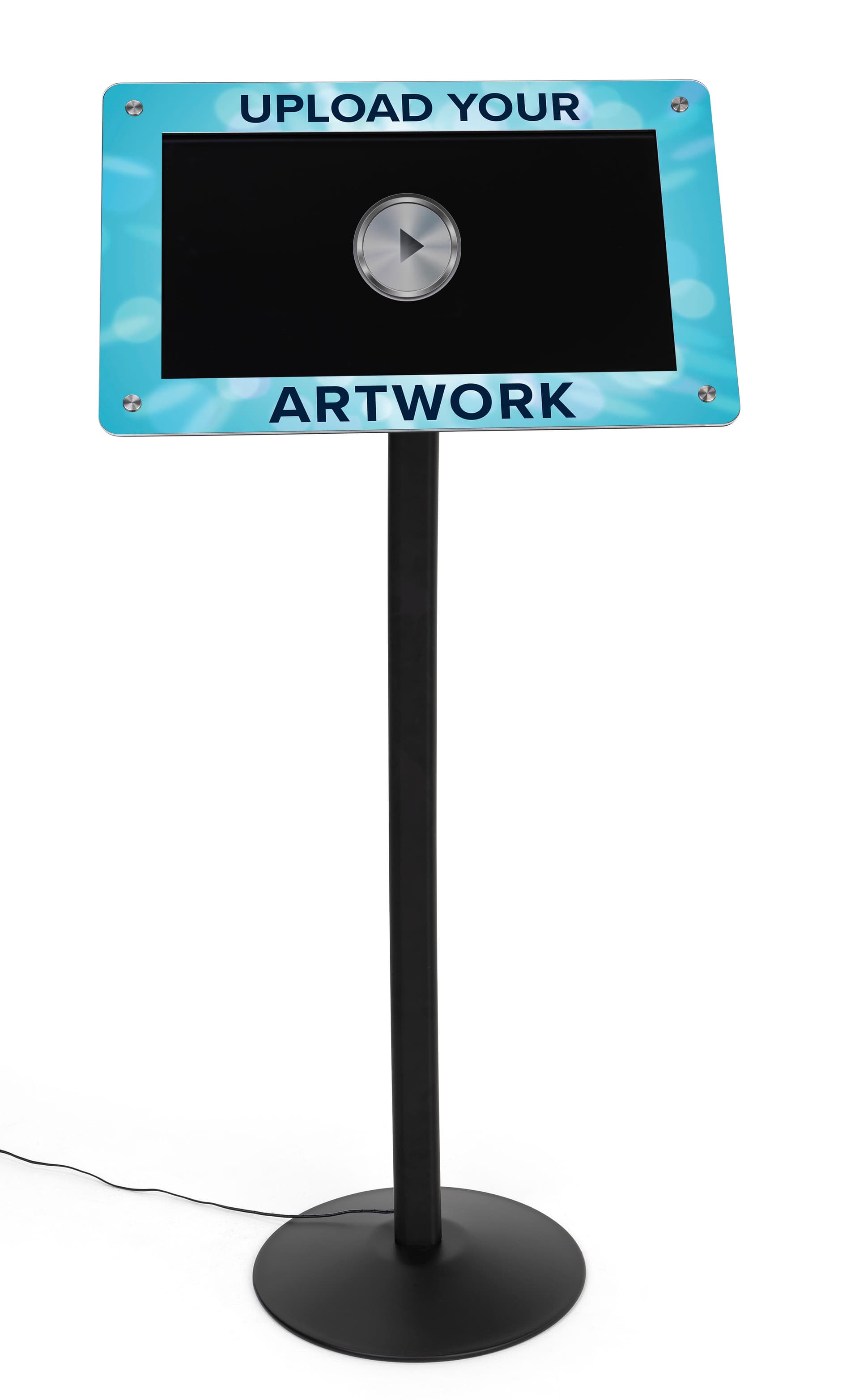 Custom frame for DPF215 digital sign stands features digitally printed graphics