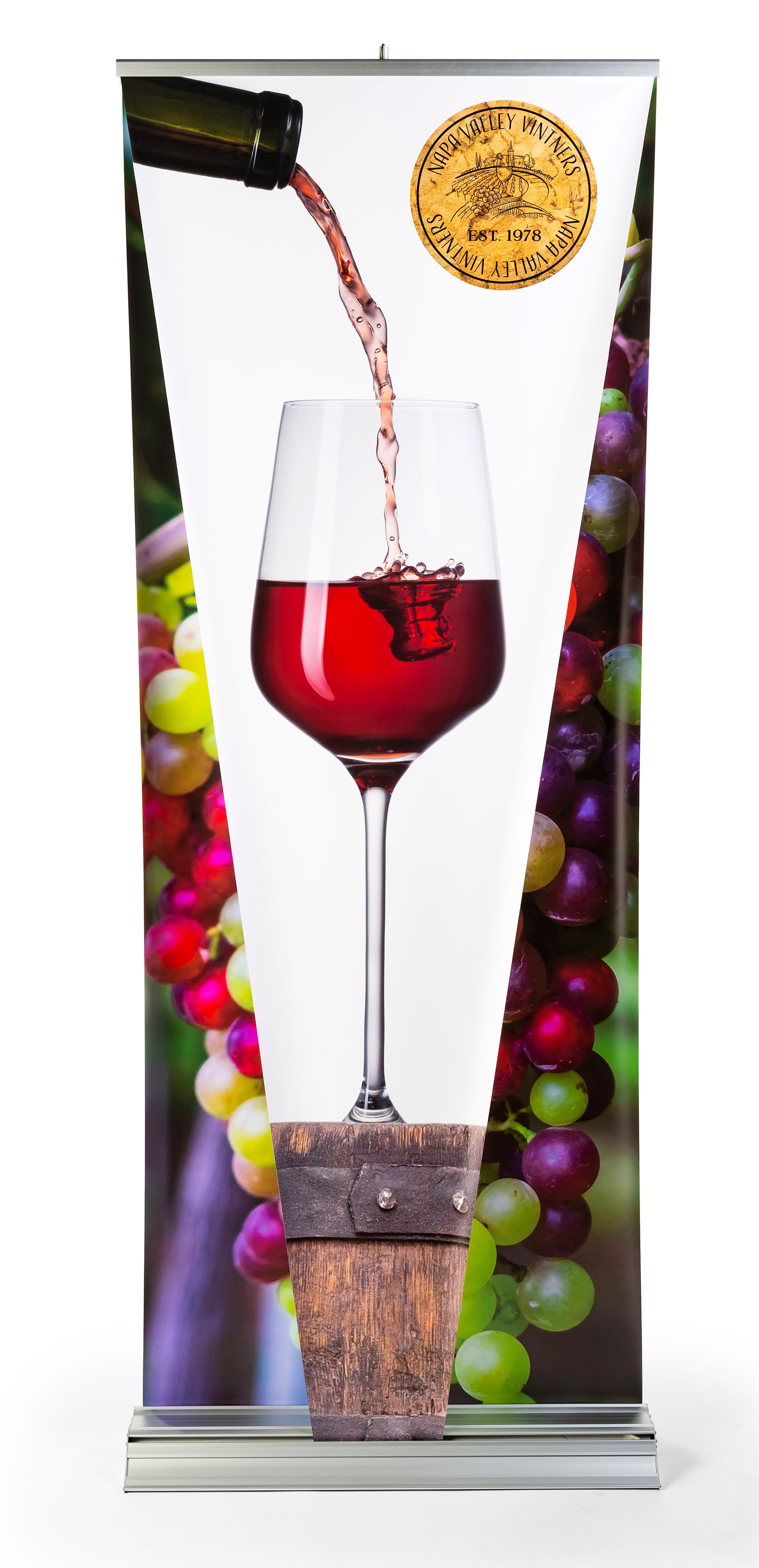 Layered 3D retractable banner stand with sturdy silver aluminum base