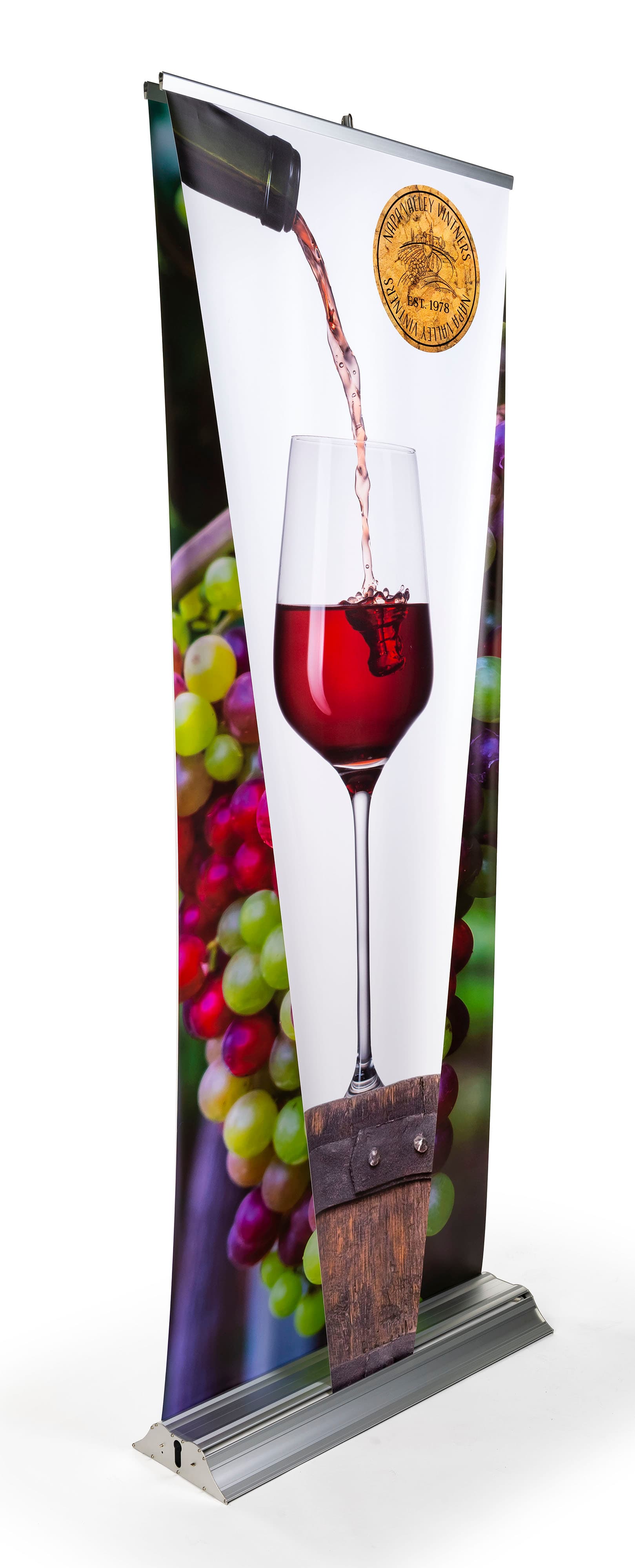 Layered 3D retractable banner stand with digitally printed dual graphics