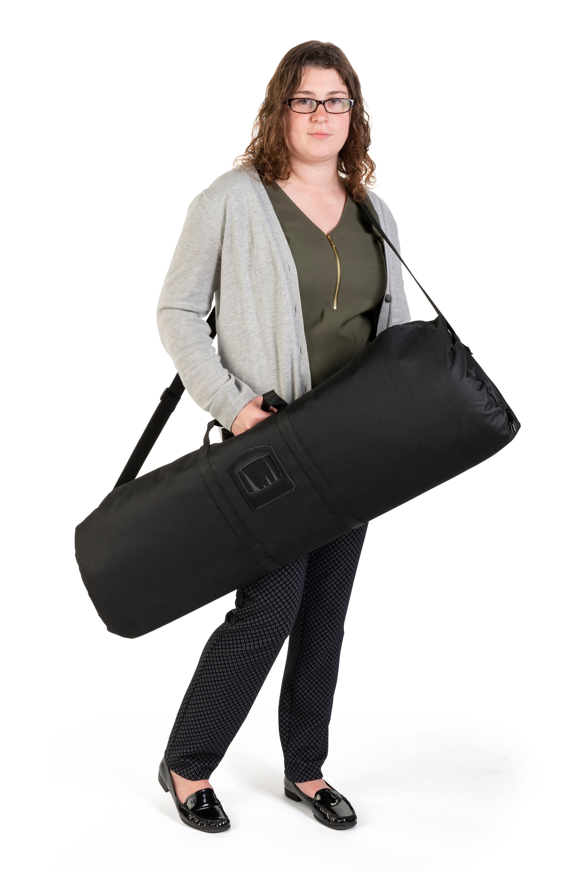 3D layered roll up banner stand features bag with comfortable strap