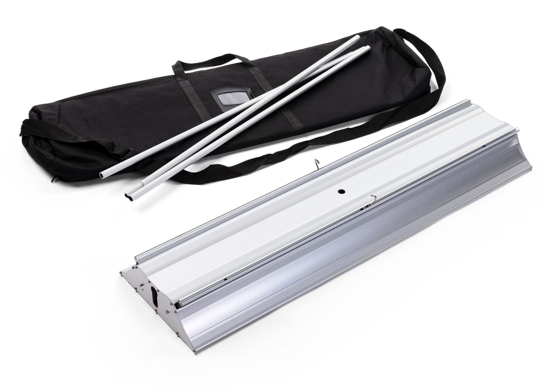 3D layered roll up banner stand includes nylon carrying bag