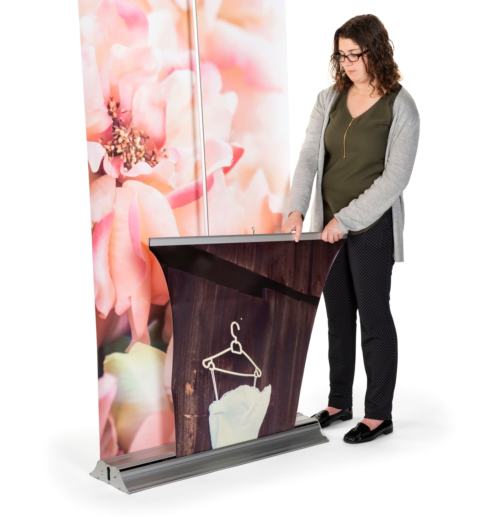 3D layered roll up banner stand easily and conveniently retract into base