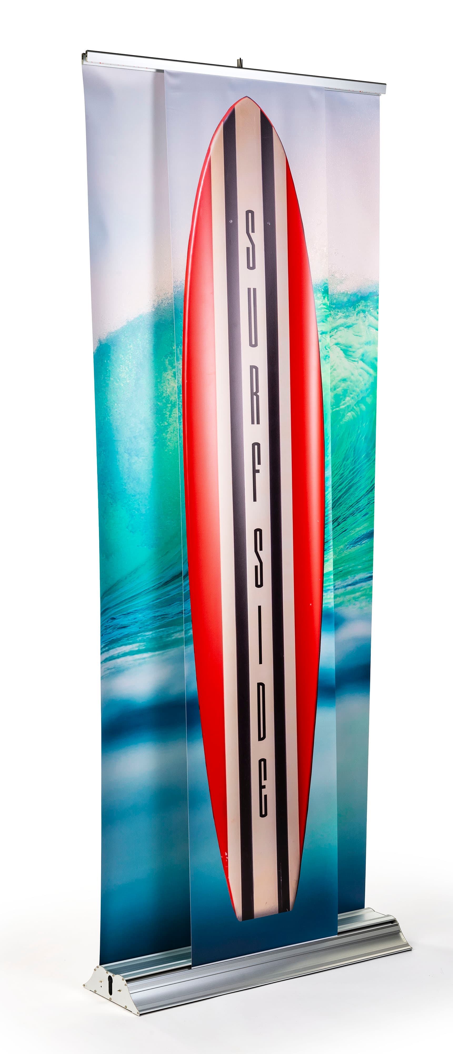3D effect dual layer pull up banner stand features slim vertical front banner