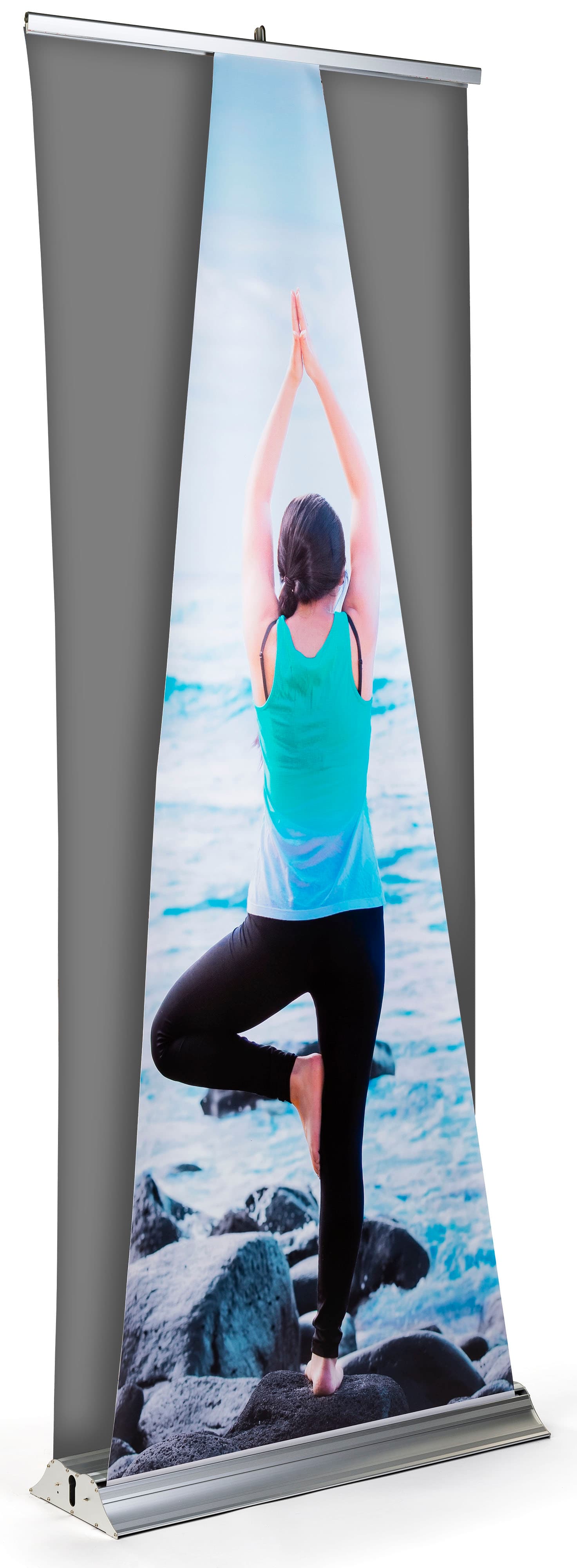 Replacement roll up dimensional pyramid banner measures 32 inches in width 