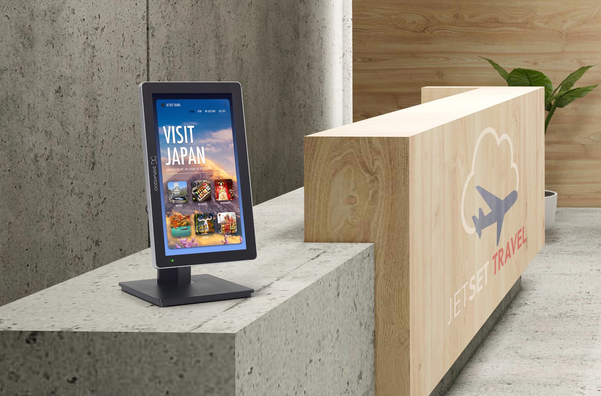 Interactive digital signage with a unit being utilized in a travel agency space 