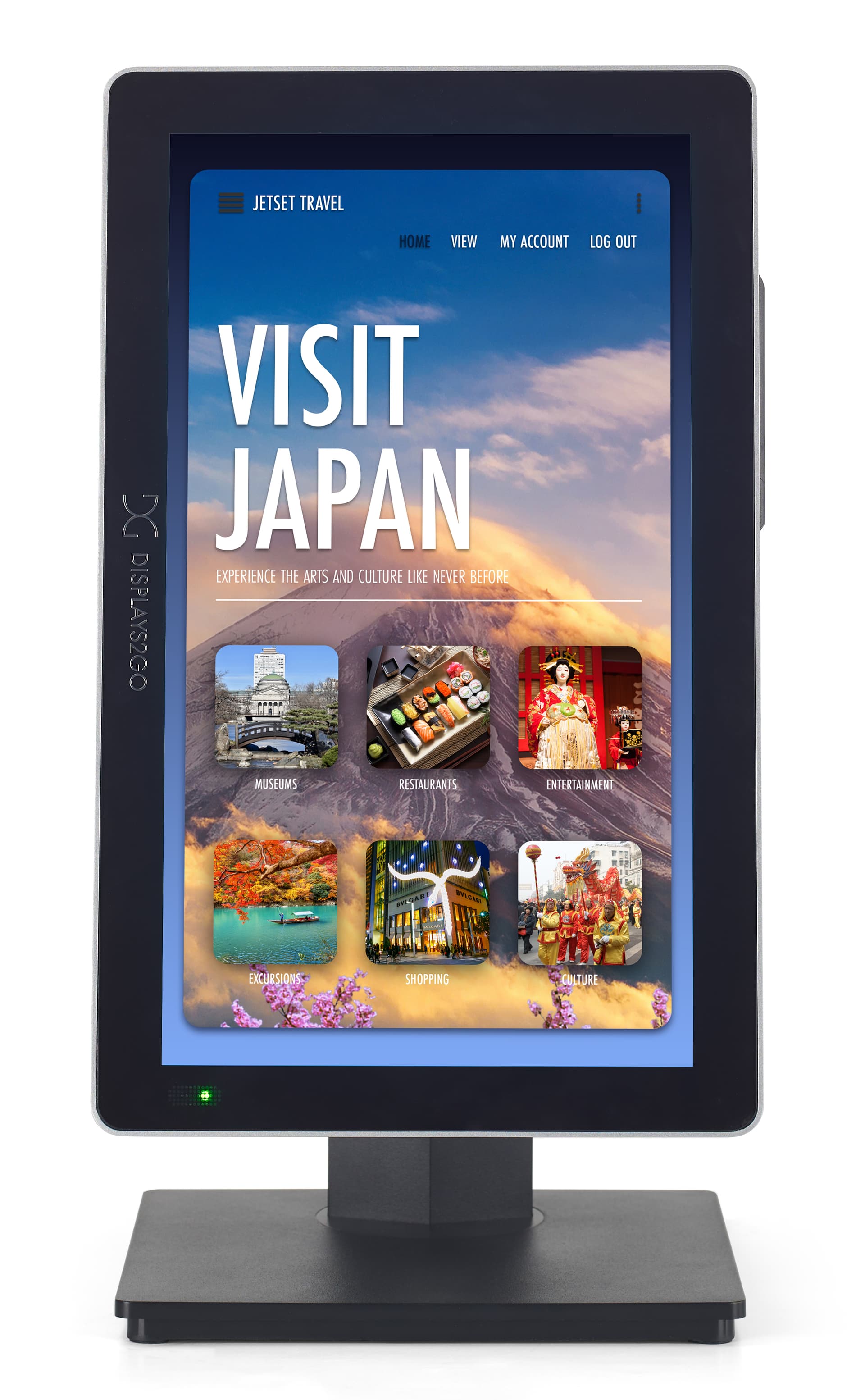 Interactive digital signage showing a portrait travel agency ad 
