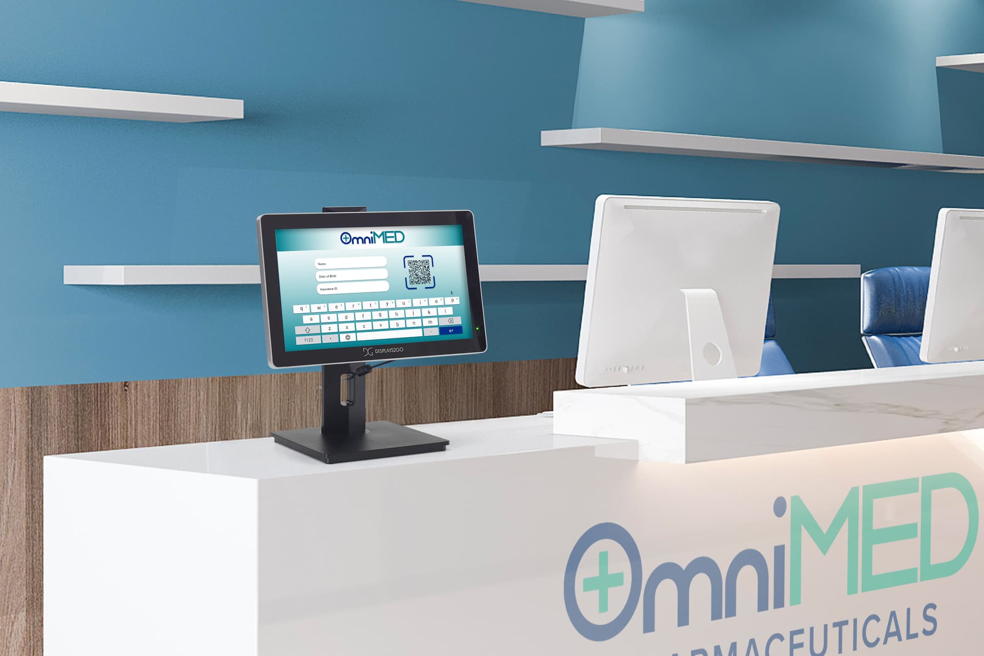 Interactive digital signage with a unit being used in a medical center facility as a self service check-in