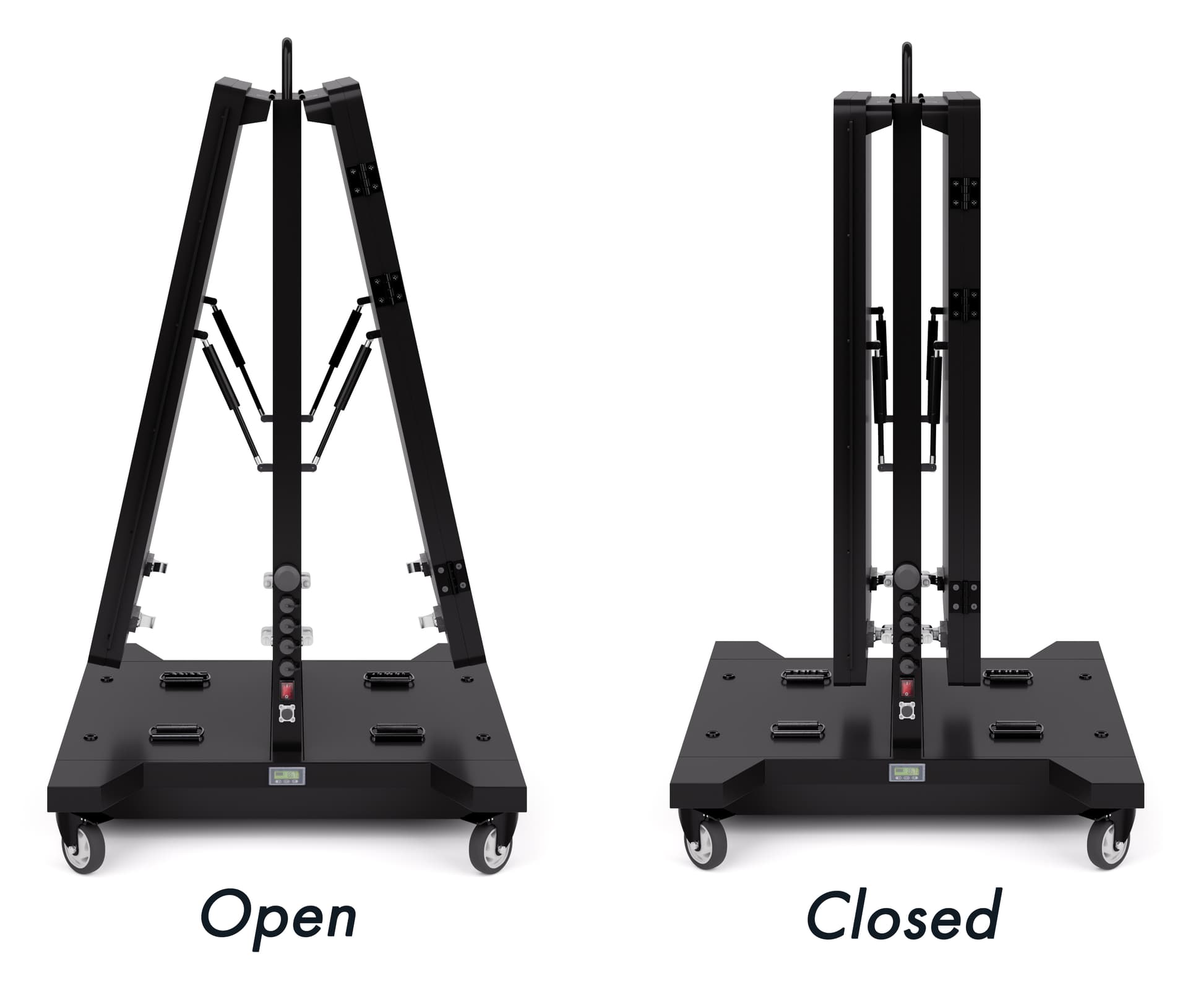 Outdoor LED display showcasing the unit folded and closed as well as unfolded and open 