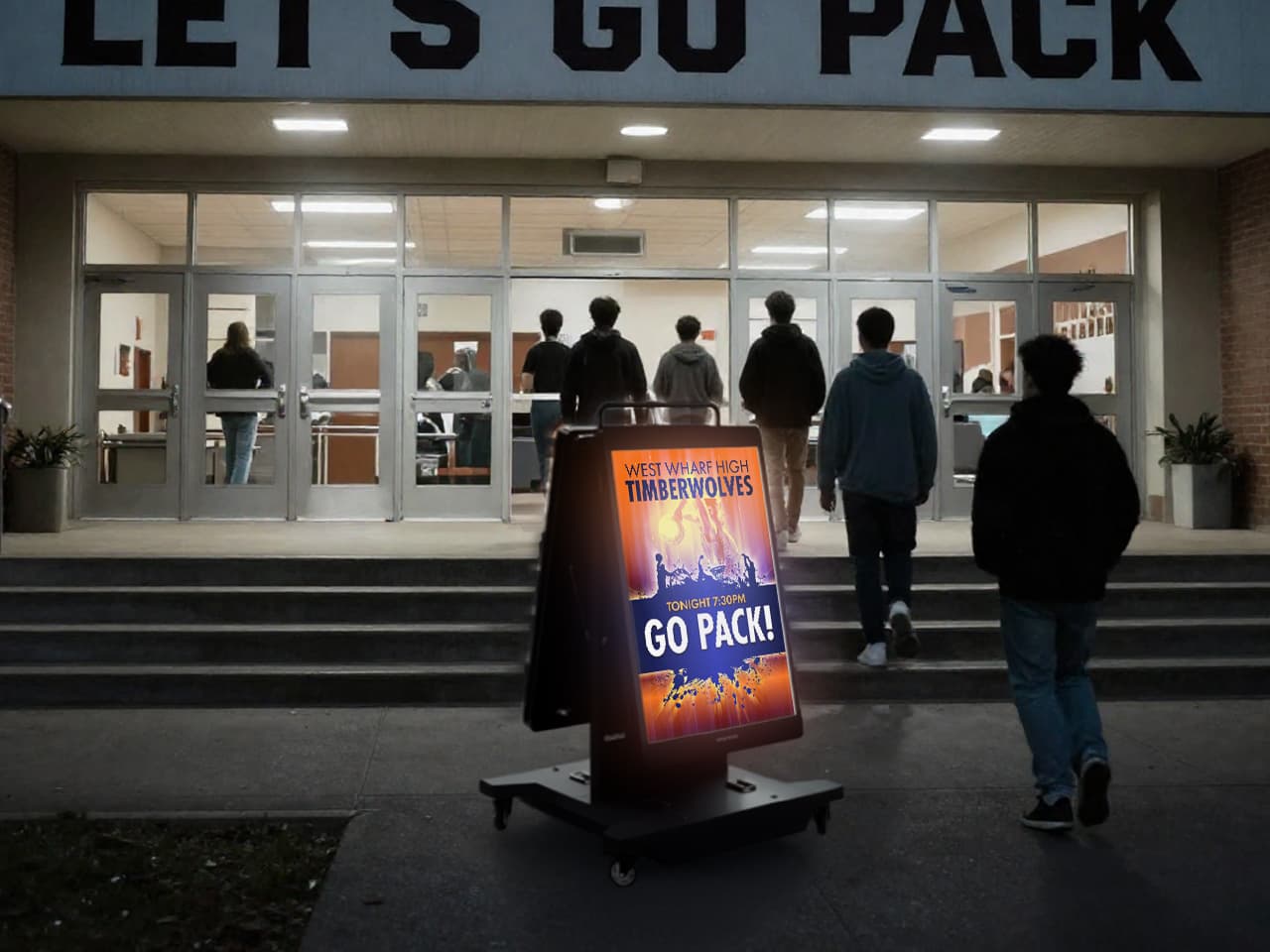Outdoor LED display being utilized at a college campus to advertise sports event 