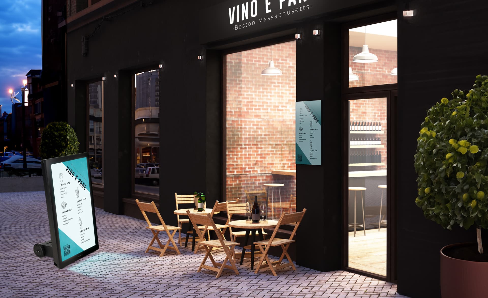 Portable outdoor digital signage on sidewalk at restaurant in night setting