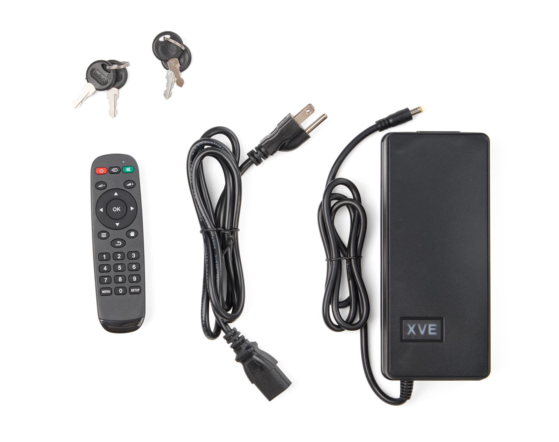 Outdoor digital display with remote, keys, and power cord