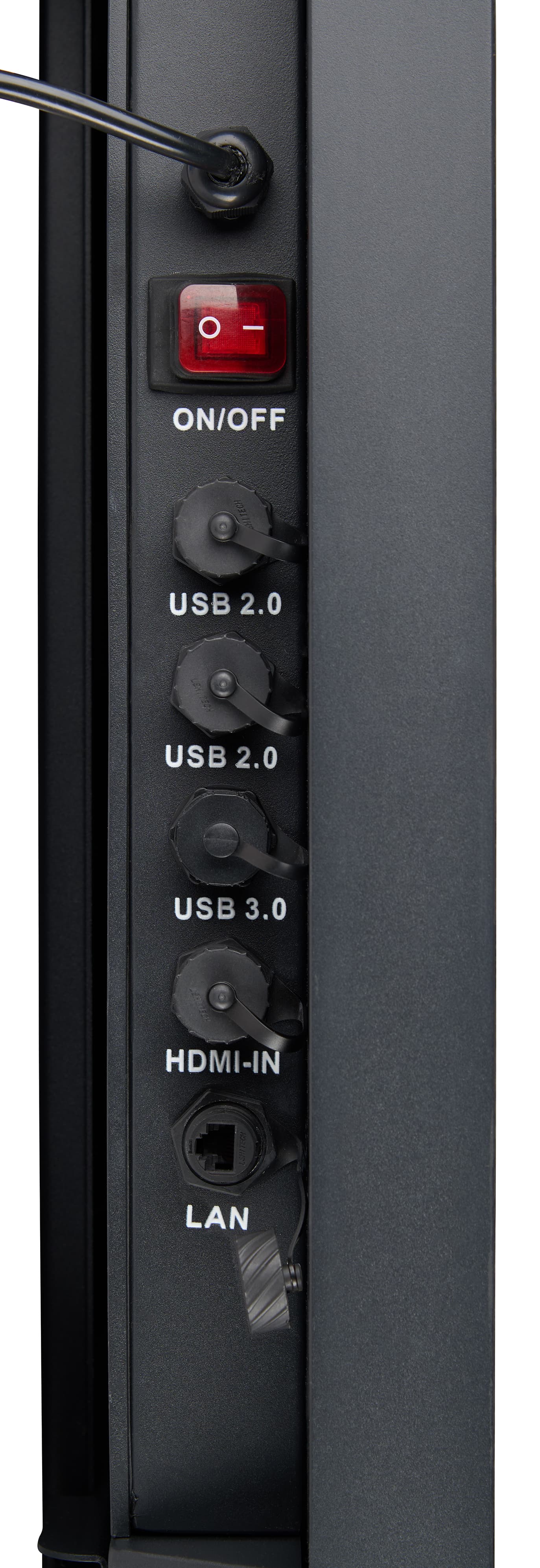 Outdoor LCD display with two USB 2.0, one USB 3.0, HDMI input, and ethernet LAN port