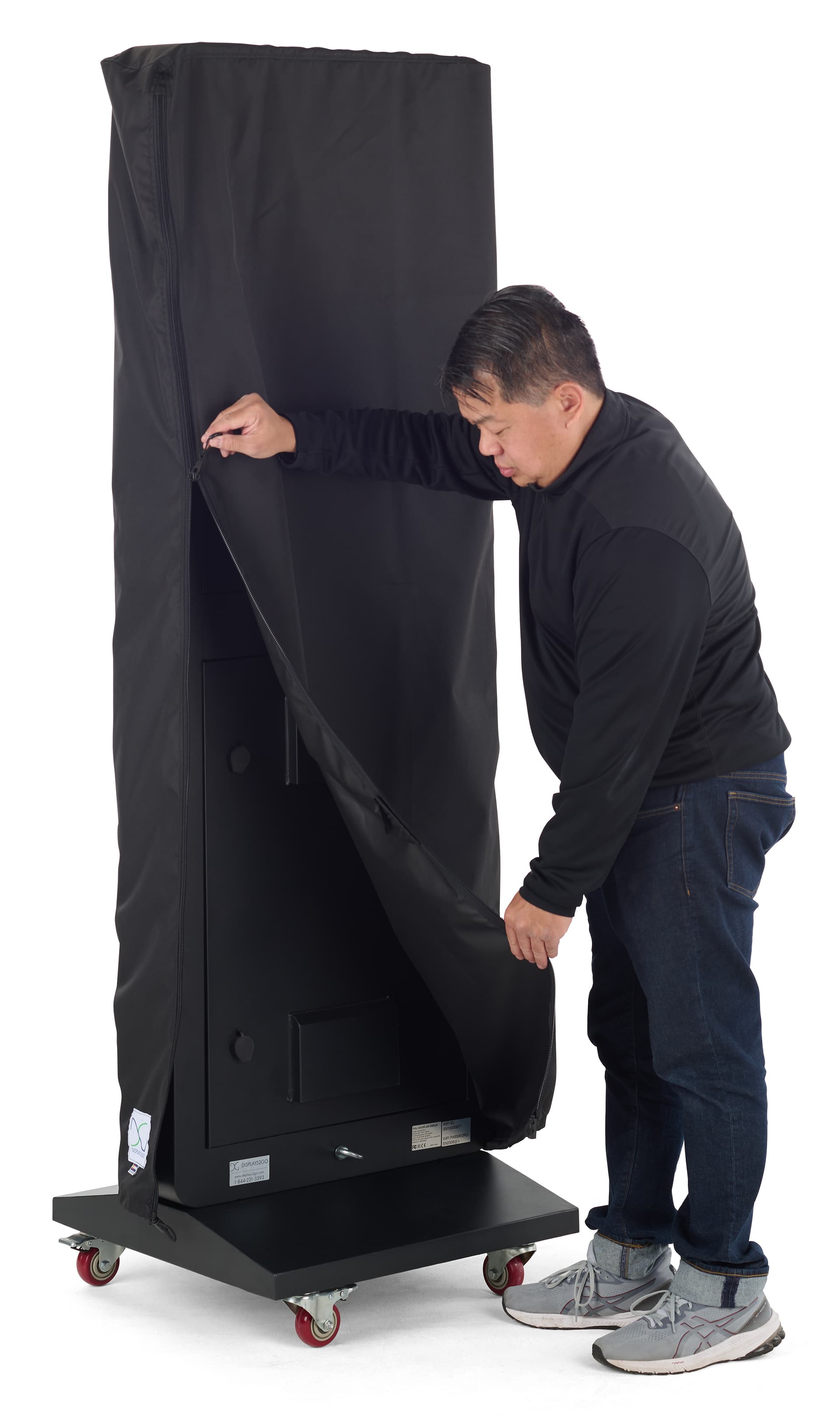 Direct view LED display cover can easily be put on and removed thanks to its large side opening