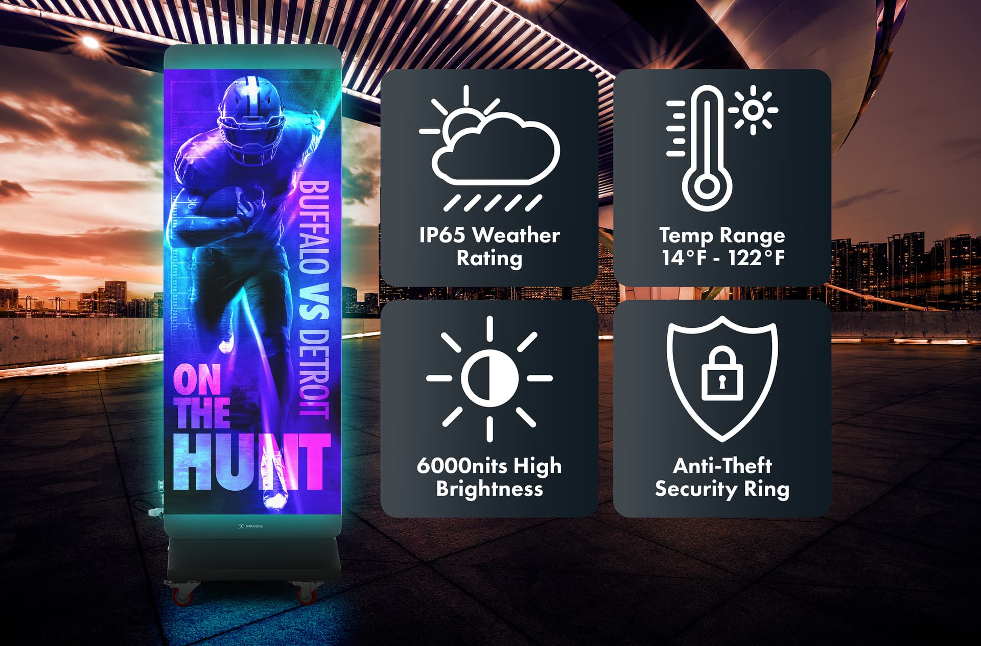 Direct view LED display with IP65 weather rating, a wide working temperature range, 6000nits of high brightness, and a robust anti-theft security ring