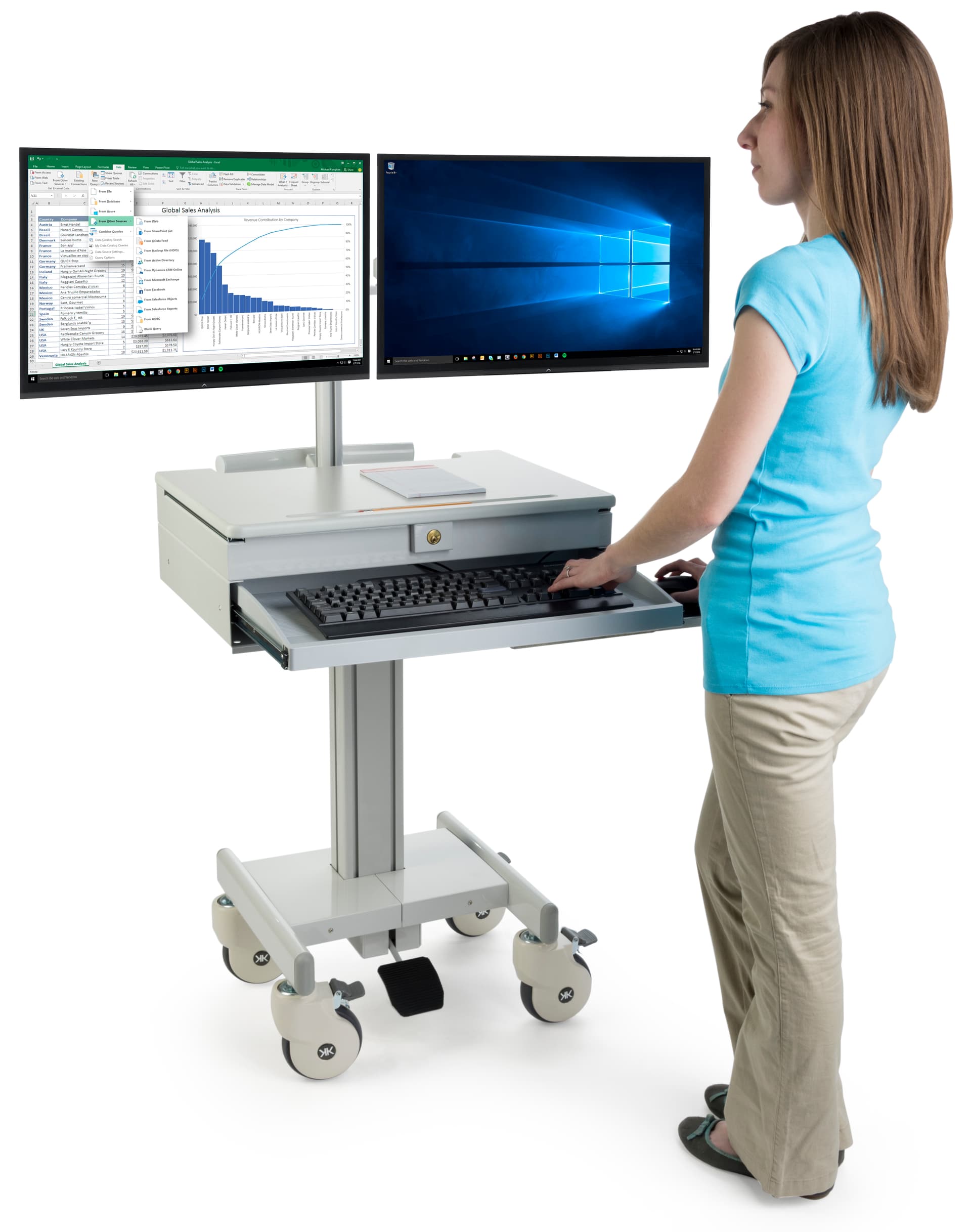 Dual Monitor Medical Cart with Keyboard & Mouse Tray
