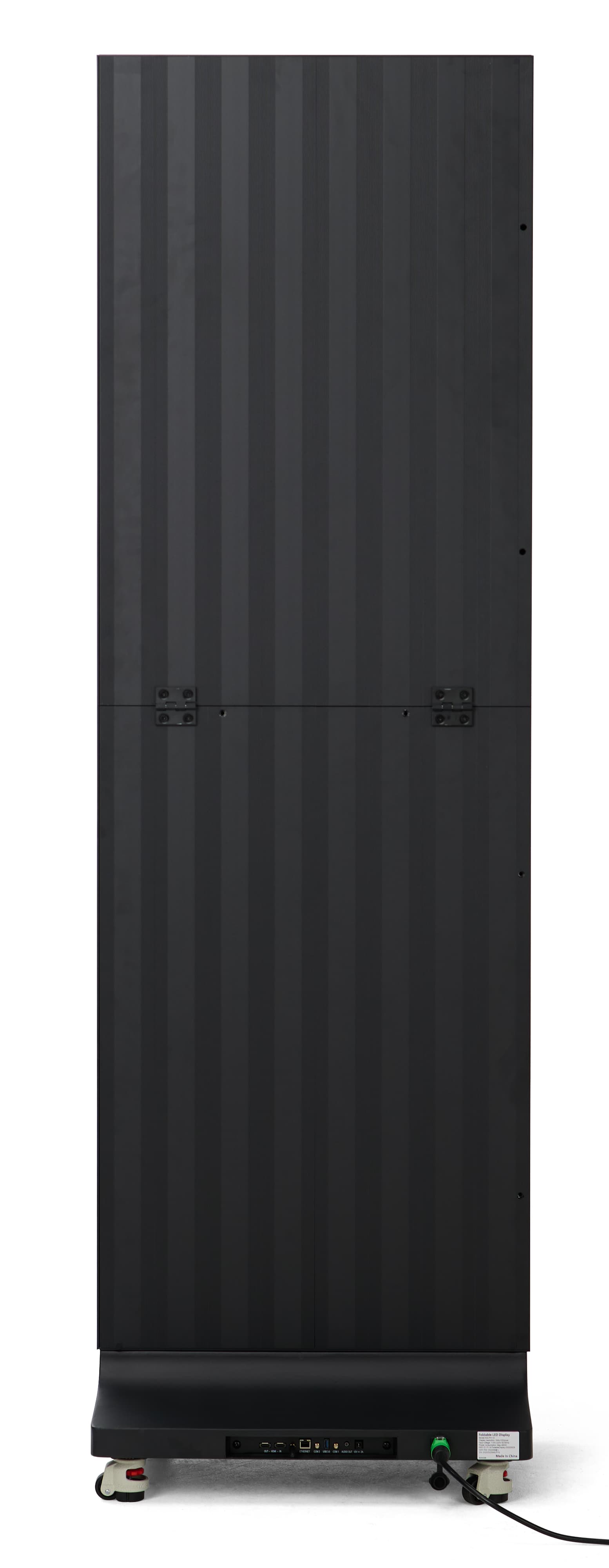 Foldable LED poster showing the back of the unit where the unit can be transitioned to its double-sided position