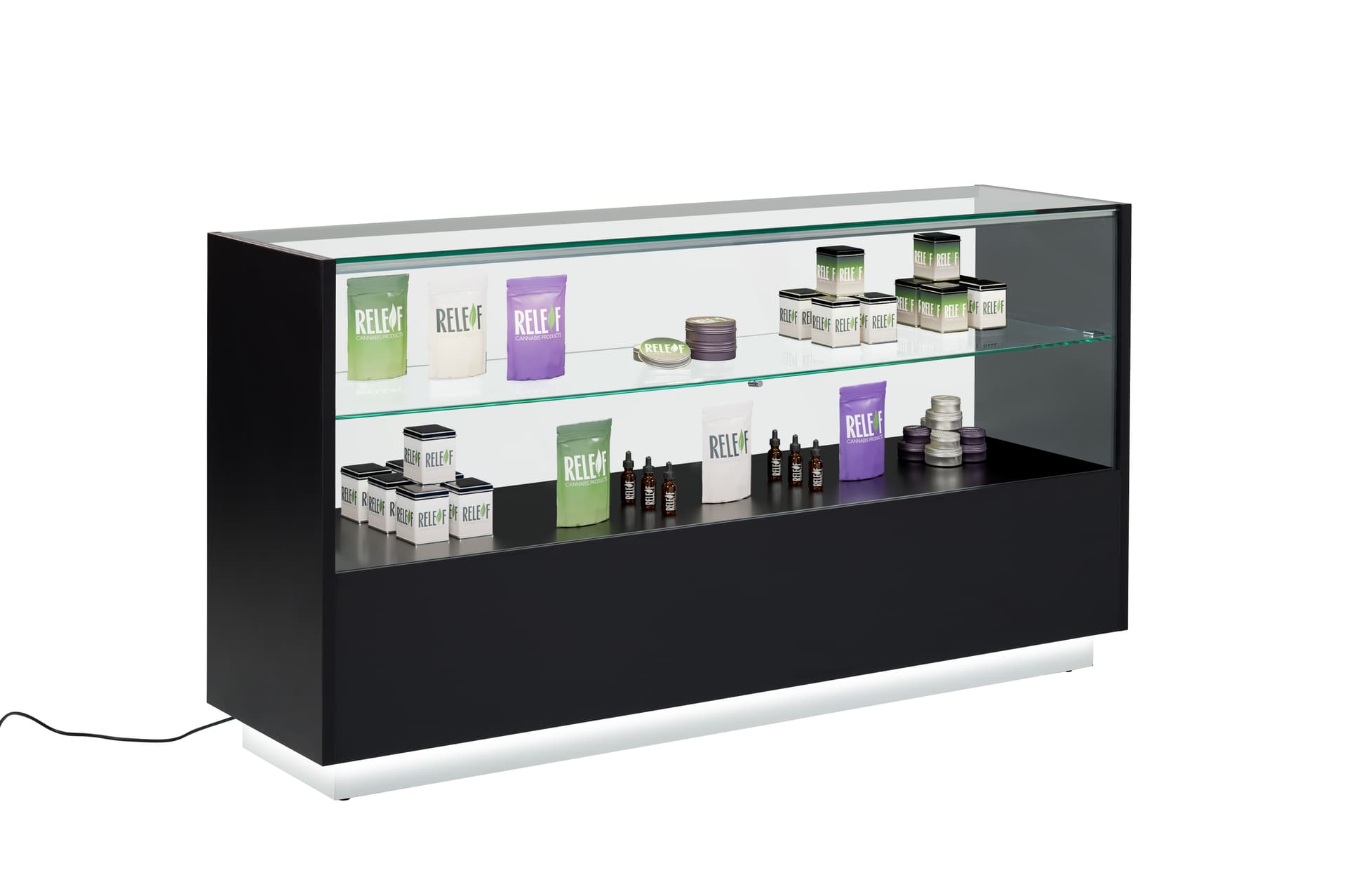Glass showcase counter with fixed display shelf