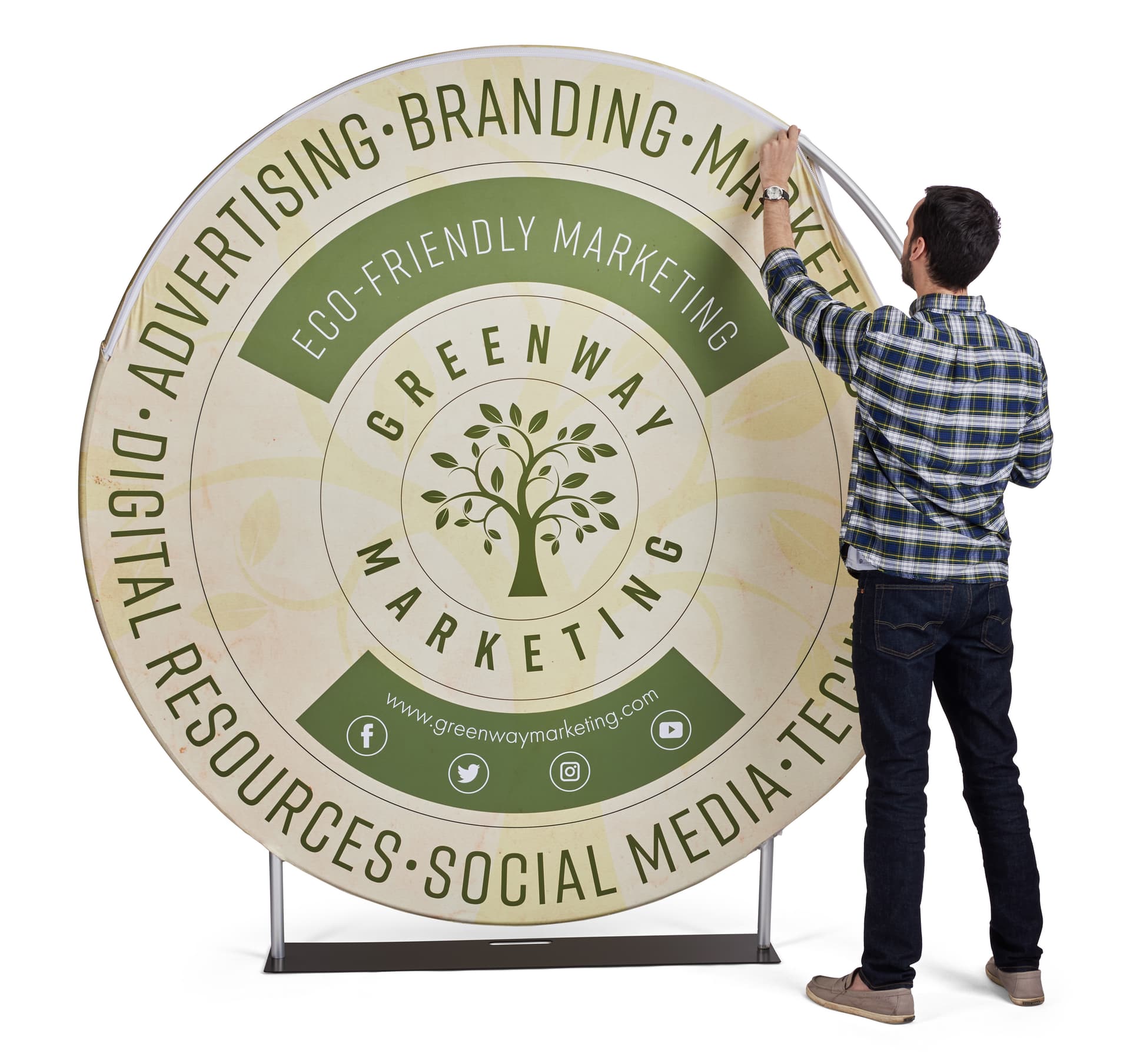 Custom printed seven foot EZ Extend circle backdrop with zipper application