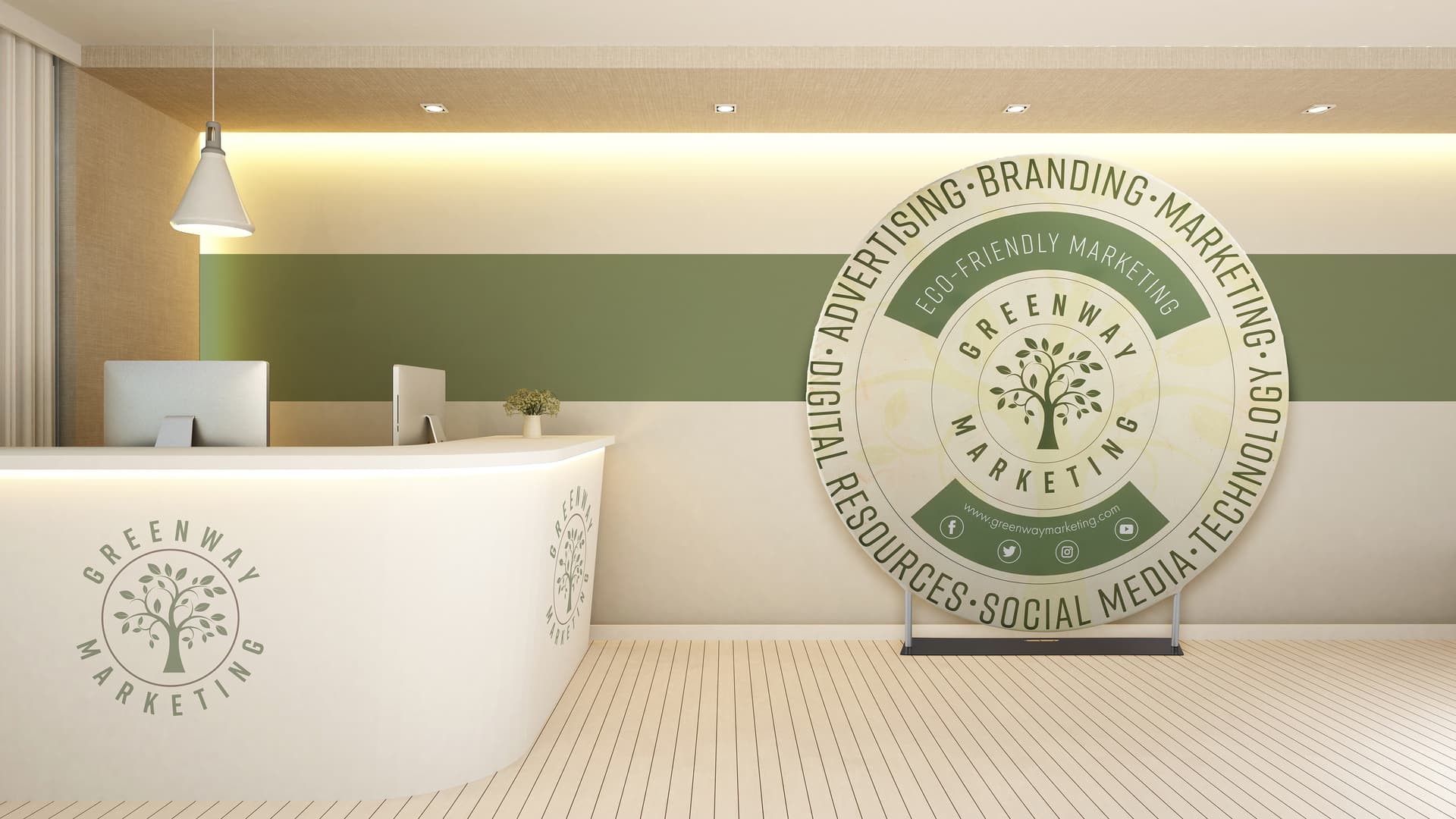 Custom printed seven foot EZ Extend circle backdrop with logo display