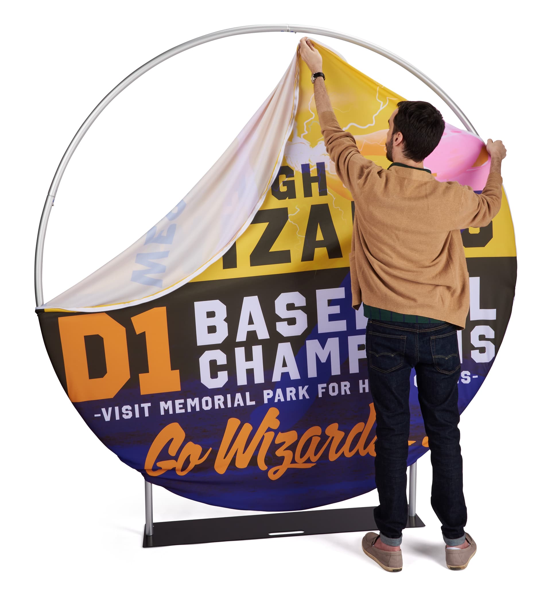 Custom printed seven foot EZ Extend circle backdrop with easy set up