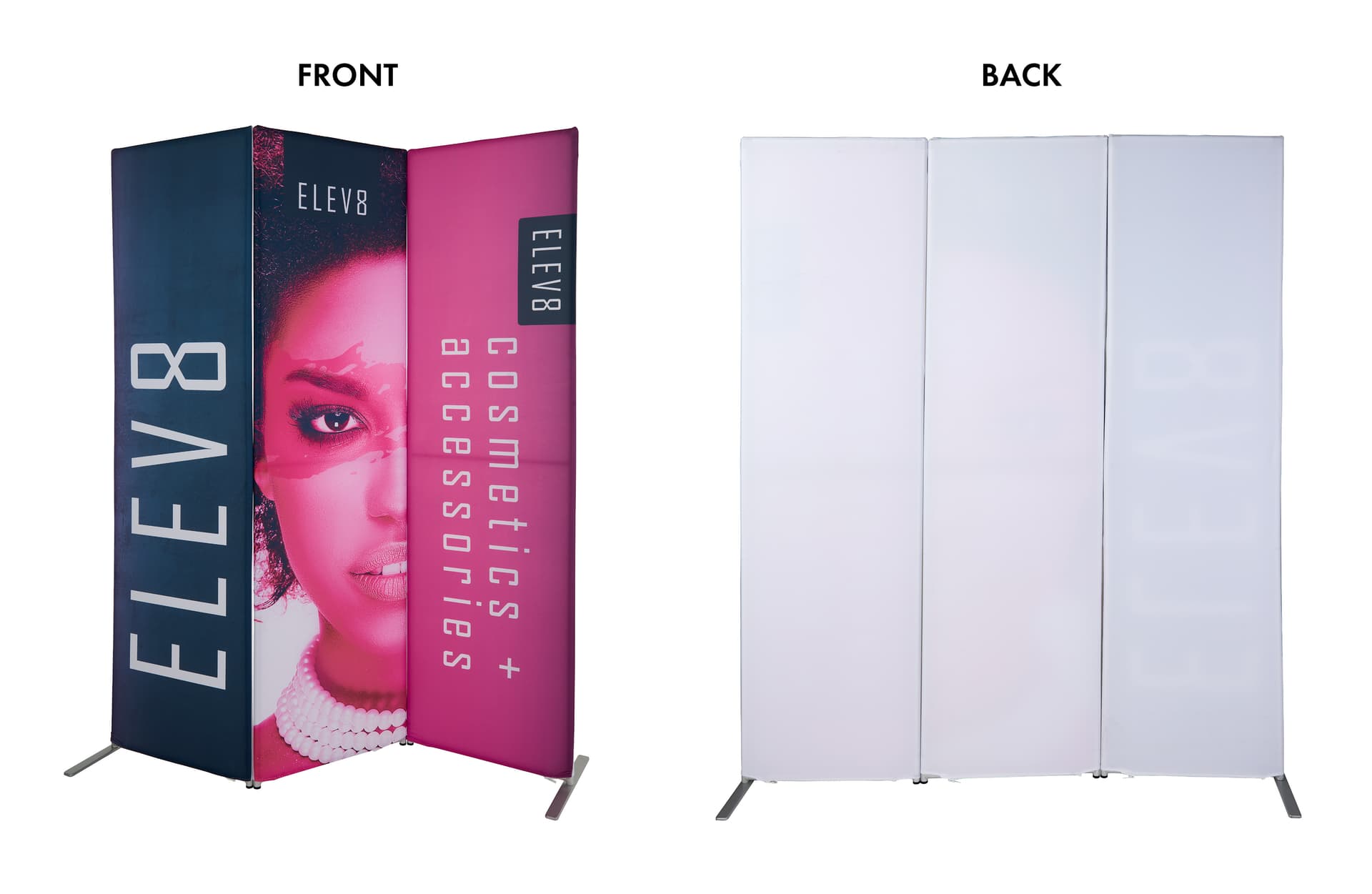 Fabric banner display stand with a white back
