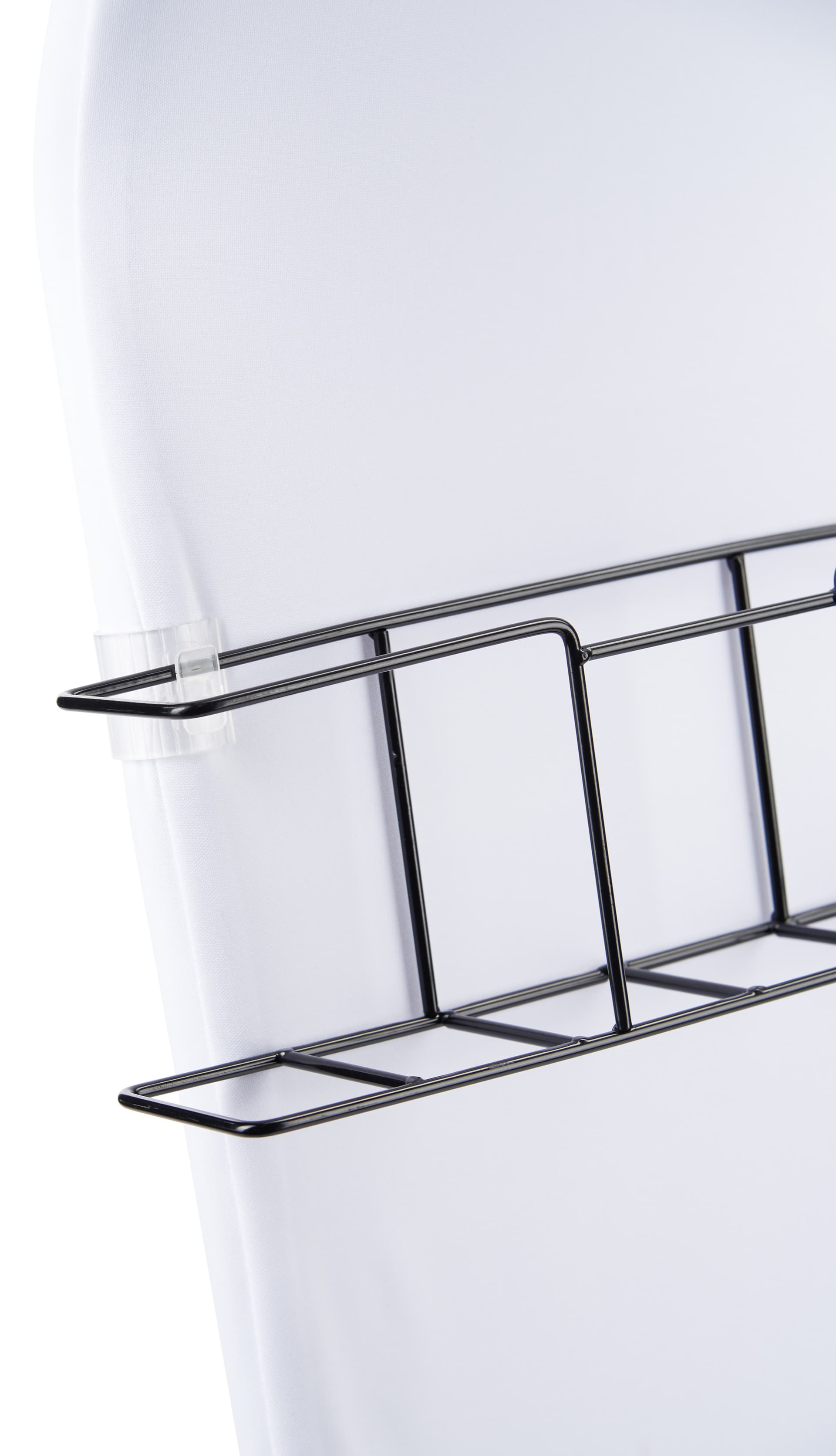 Tension fabric literature banner stand with black wired racks 