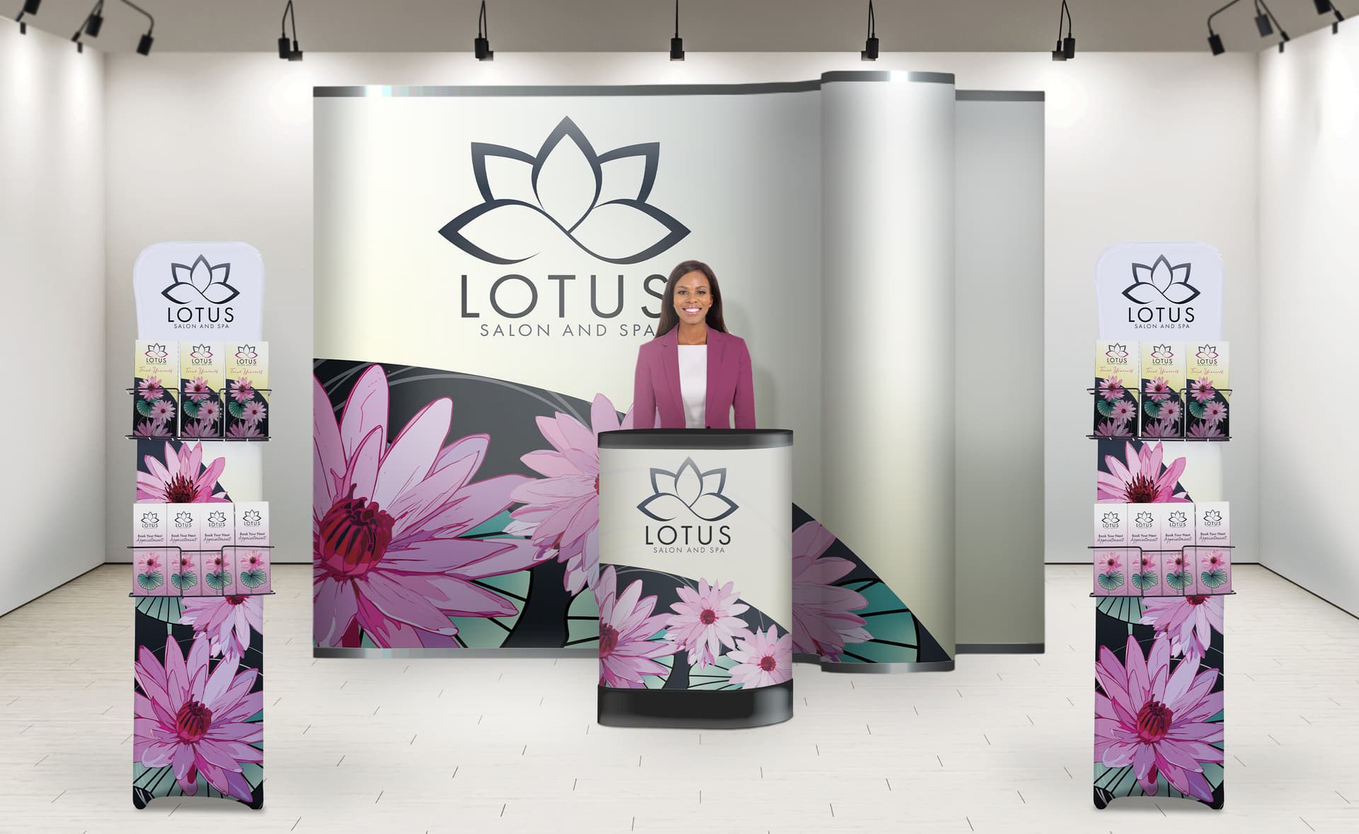 Tension fabric literature banner stand features a full color graphic 