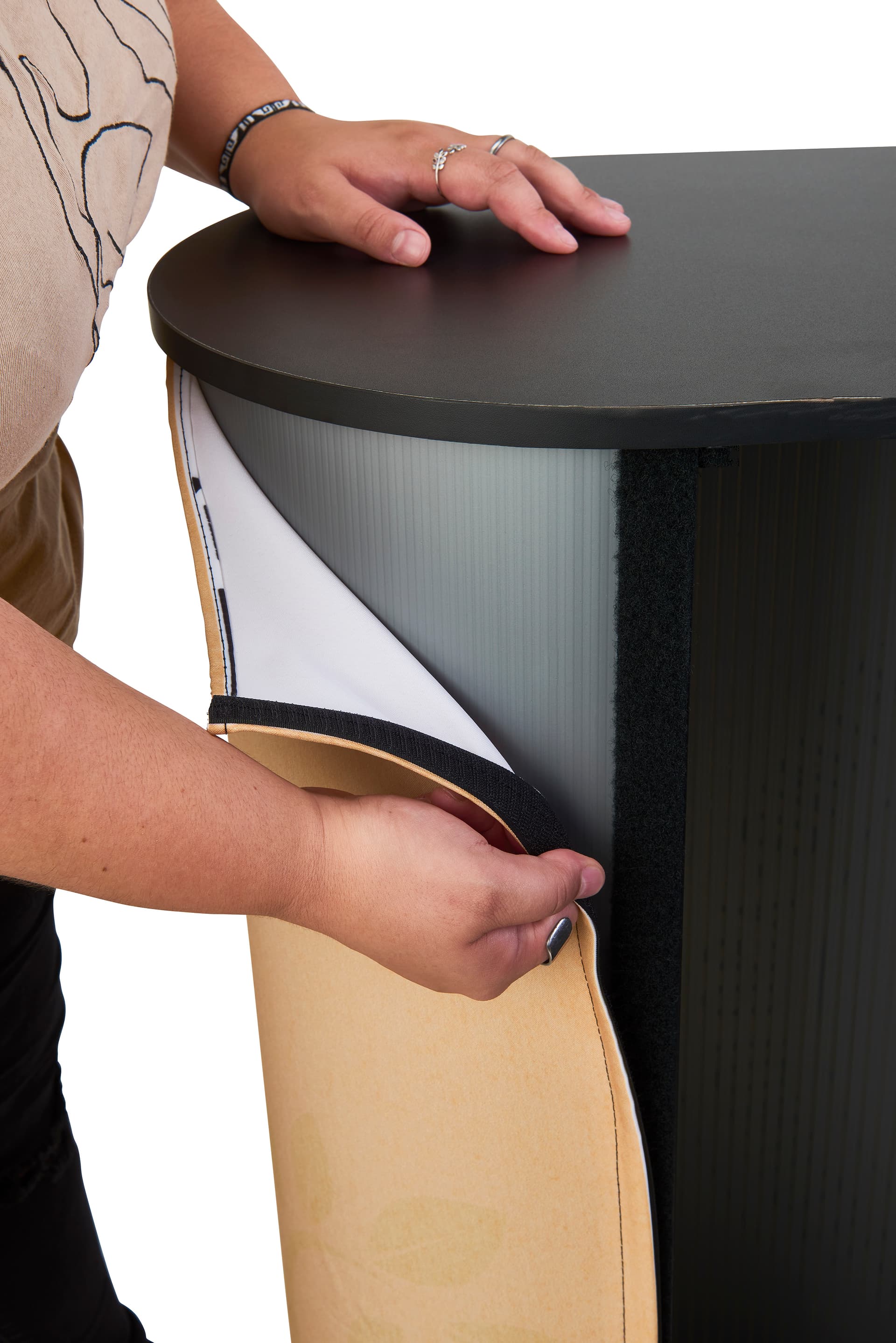 Portable exhibition counter with easy hook-and-loop attachment