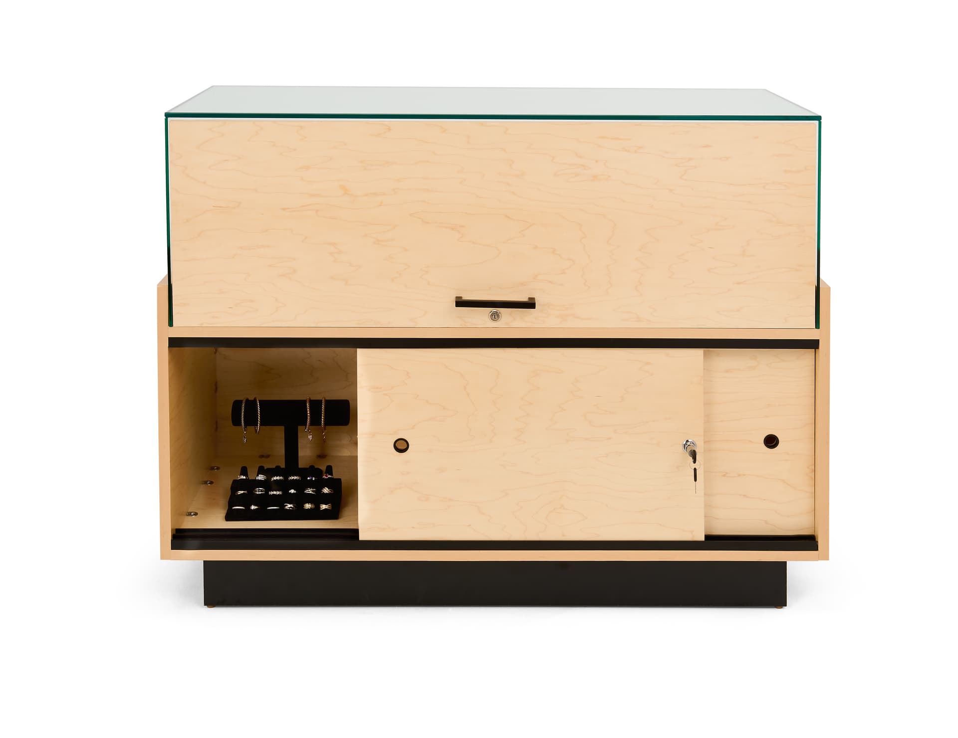 Wooden display counter with lockable storage