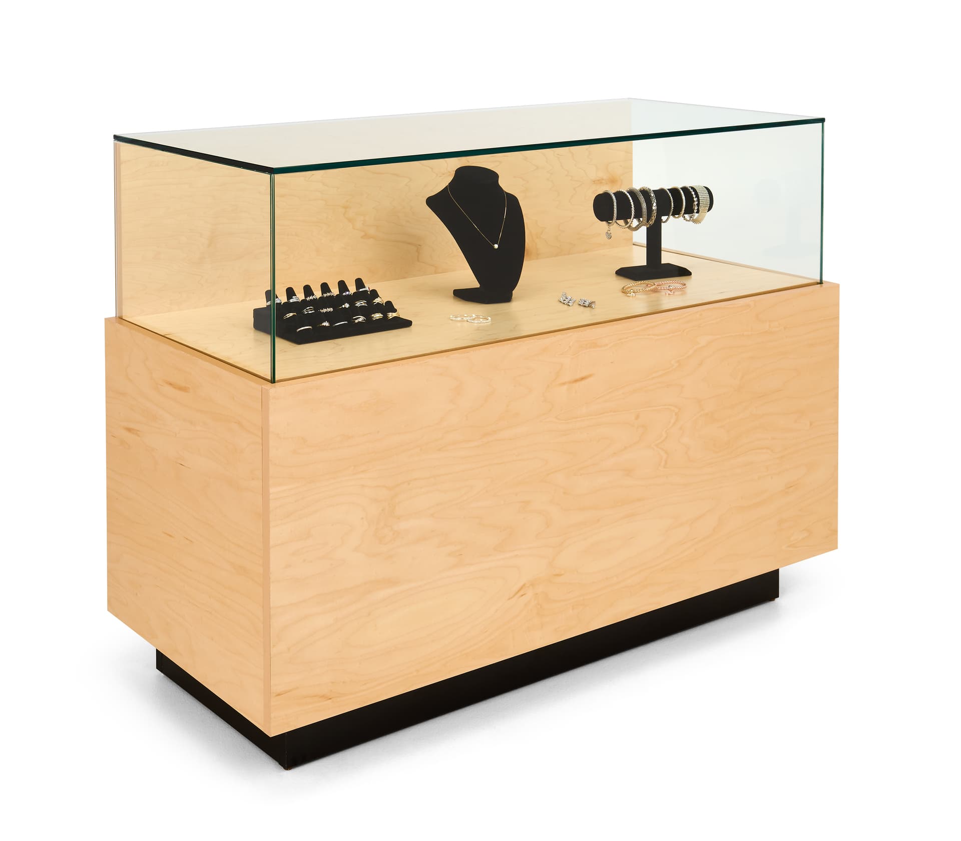 Wooden display counter with tempered glass