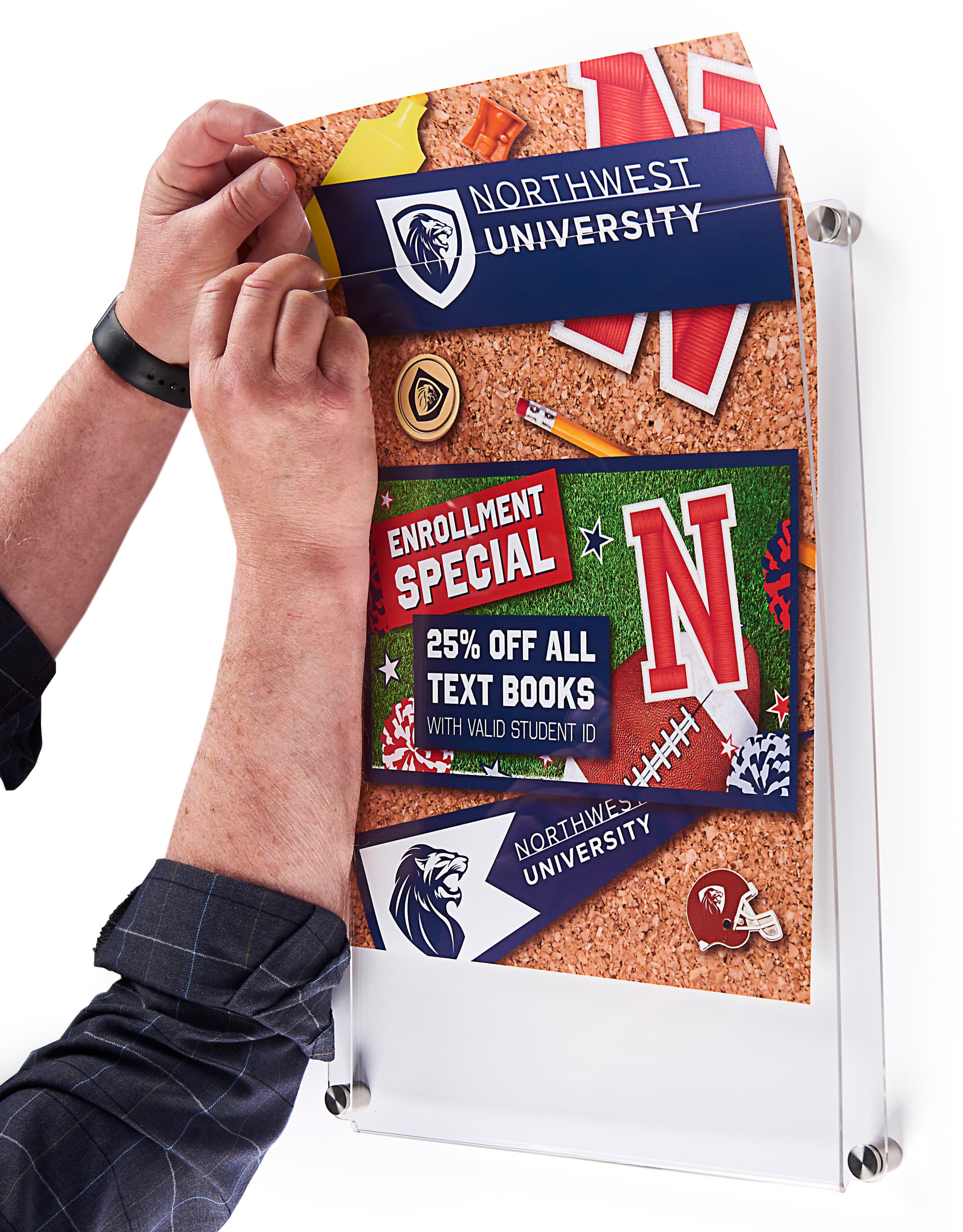 Acrylic wall mount sign holder with portrait and landscape orientation options 
