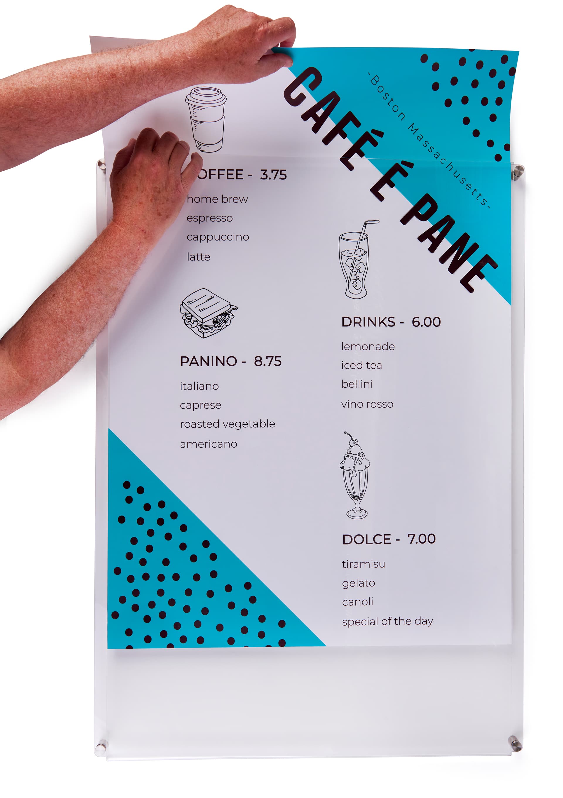 Acrylic wall mount sign holder with standoffs and top-loading design 