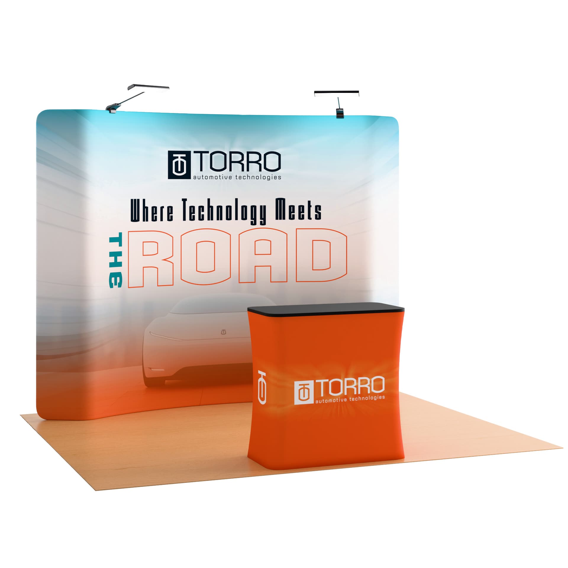 Curved trade show kit with silver aluminum frame 