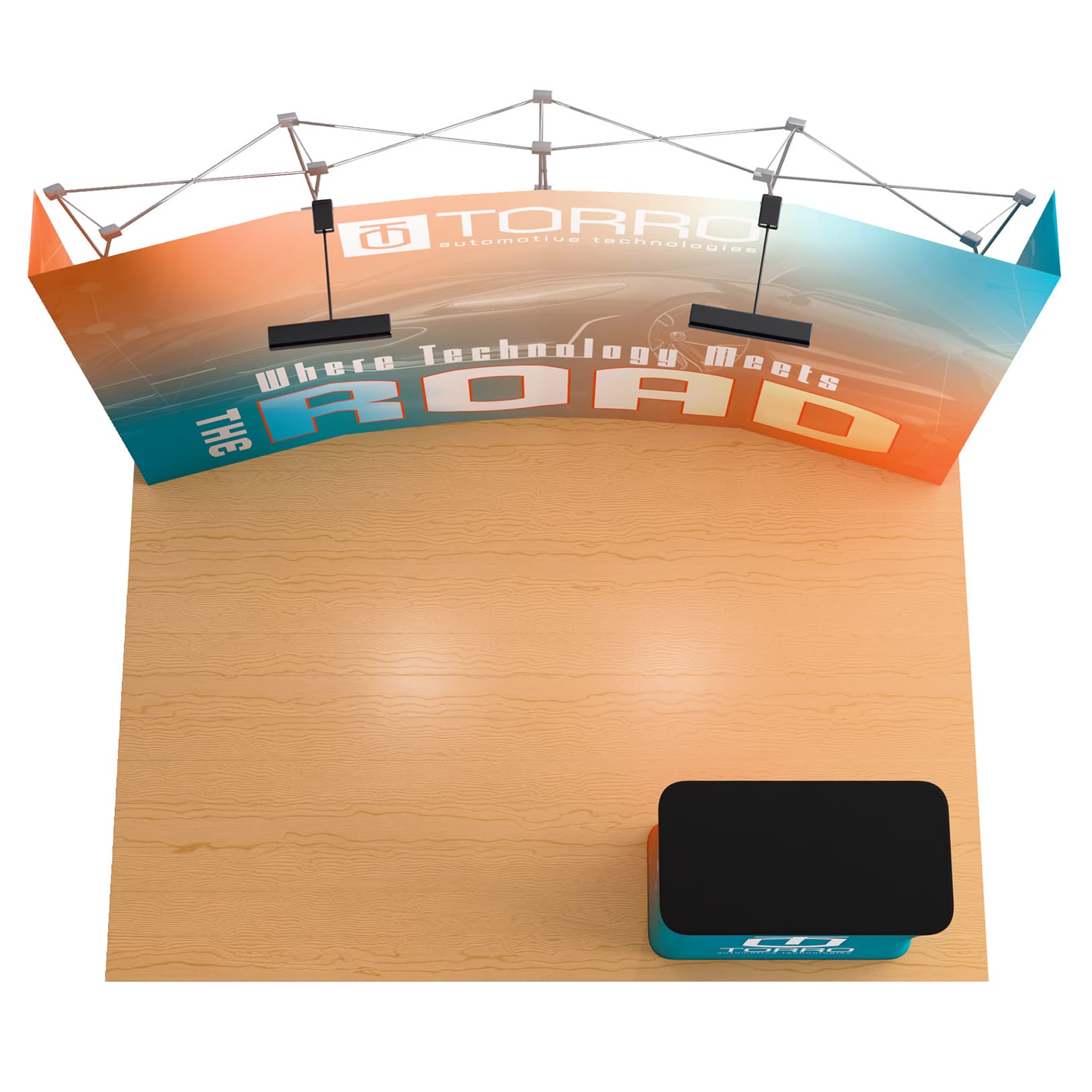 Curved pop up trade show display with 10 foot wide backwall 
