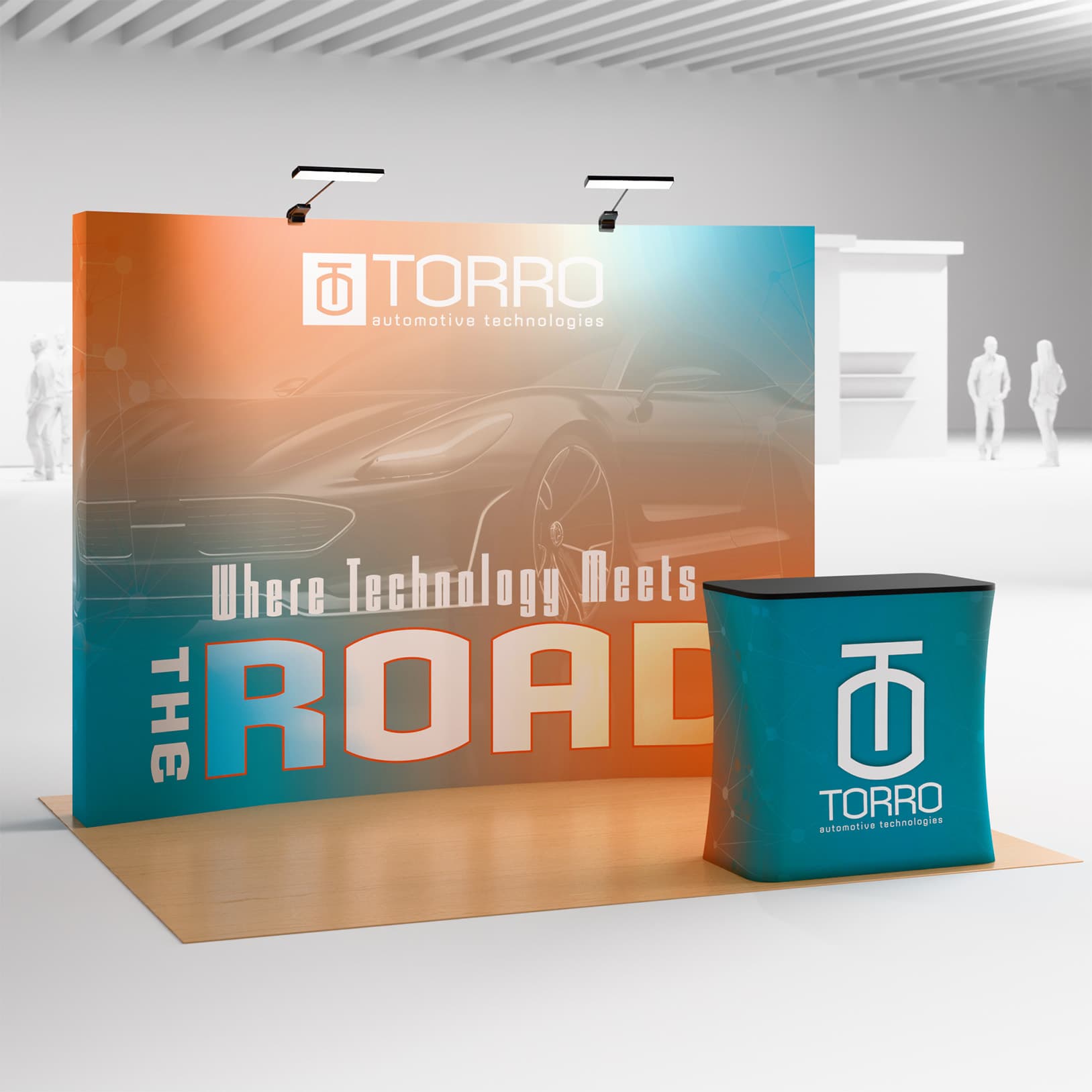 Curved pop up trade show display with LED spotlights 