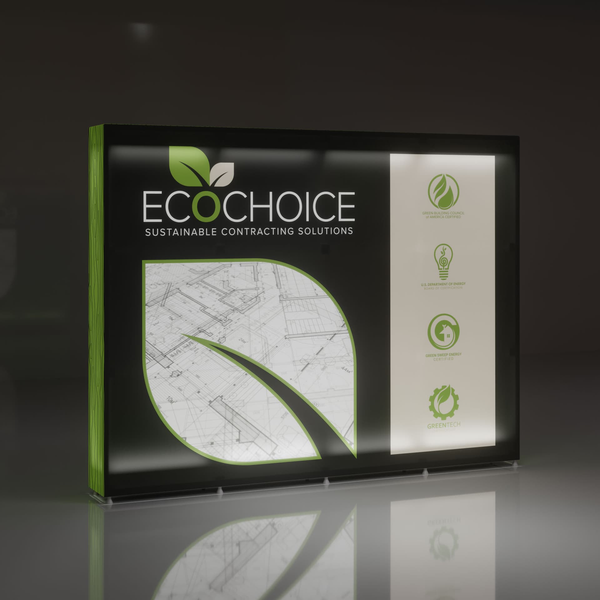 SEG Backlit LED Pop-Up Display illuminated in a dark room
