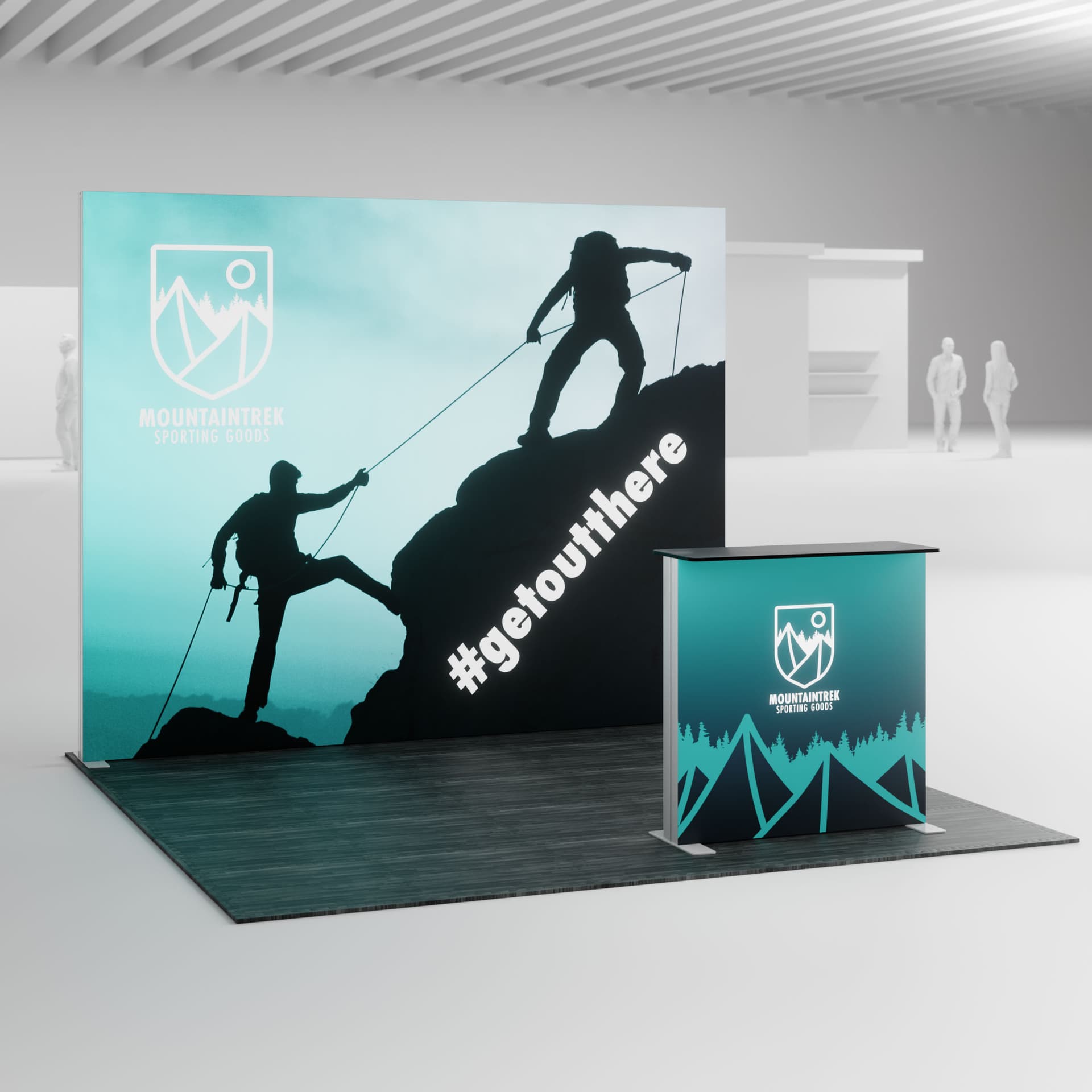 10' backlit trade show display with counter in a room with trade show flooring